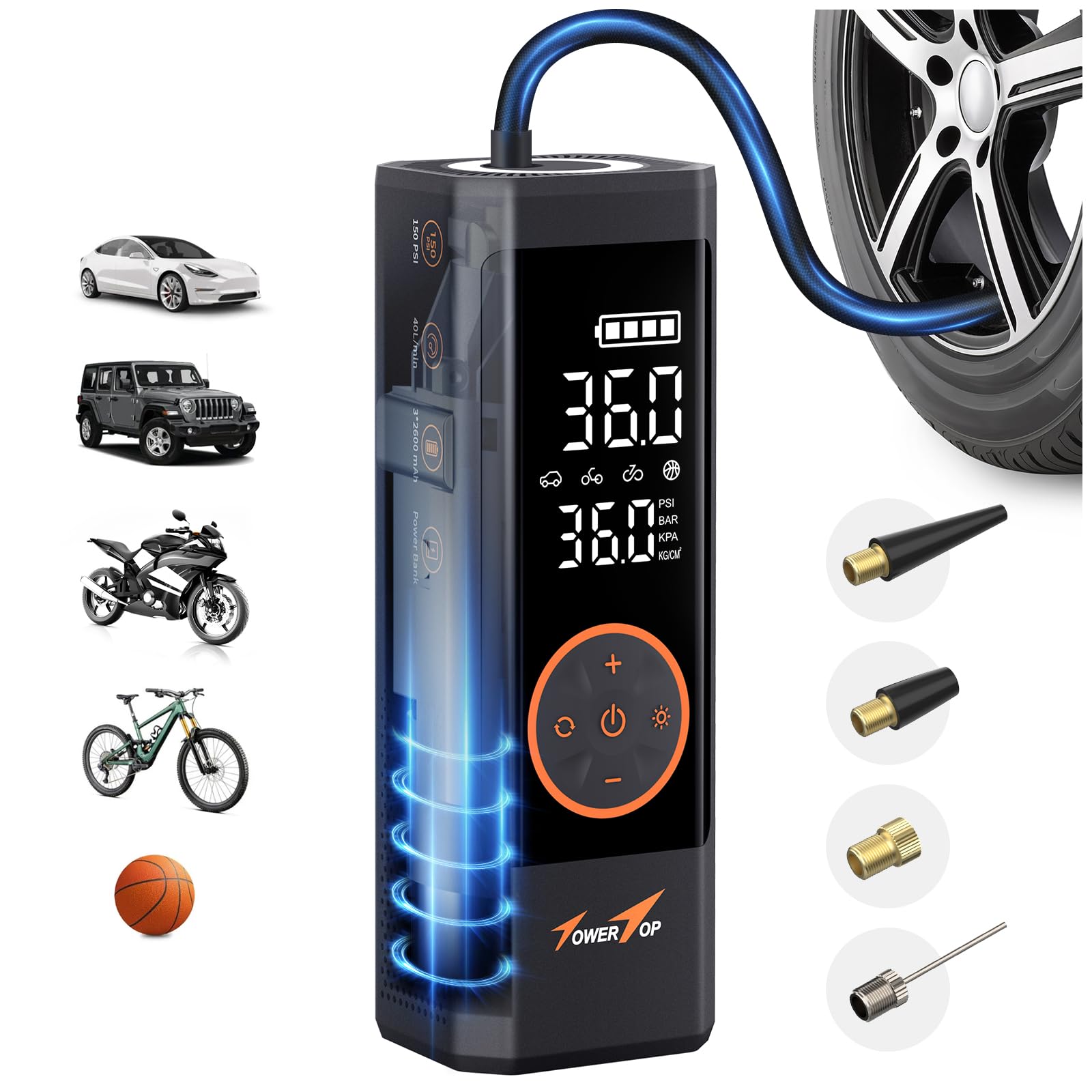 TowerTop Cordless Tire Inflator - 150PSI Portable Air Compressor with 7800mAh Battery | 2.5X Faster Inflation for Cars, Bikes, Motorcycles, Trucks & Sports Balls | Perfect for Road Trips, Emergency Flat Tires & Home Garage Use