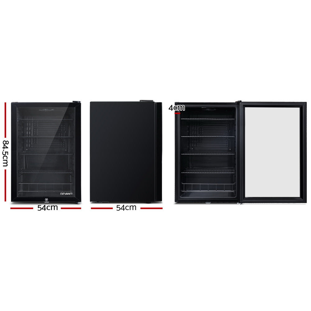 Devanti 115L Black Mini Bar Fridge with Glass Door and Interior Light - Perfect for Home, Office, or Entertainment Spaces