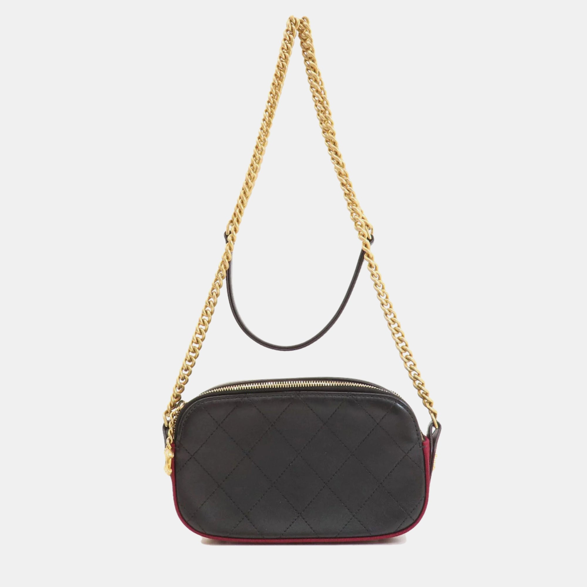 Stylish Black Calfskin Camera Shoulder Bag with Grosgrain Stitching & Button Closure - Perfect for Travel, Photography & Everyday Use