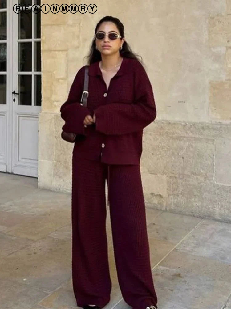 Women's Autumn Wine Red Knit Sweater 2-Piece Set with V-Neck Cardigan & High Waist Wide Leg Pants | Casual Fashion Outfit for Work, Dating & Fall Season