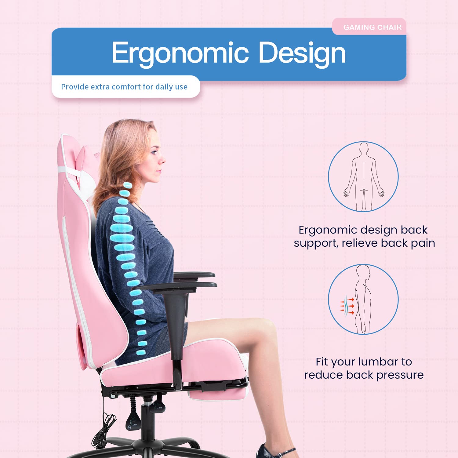 Best Pink Faux Leather Gaming Chair for Women - Ergonomic Office Chair with Adjustable Lumbar Support, 360° Swivel & Armrests - Perfect for PC Gaming, Home Office & Streaming Setup