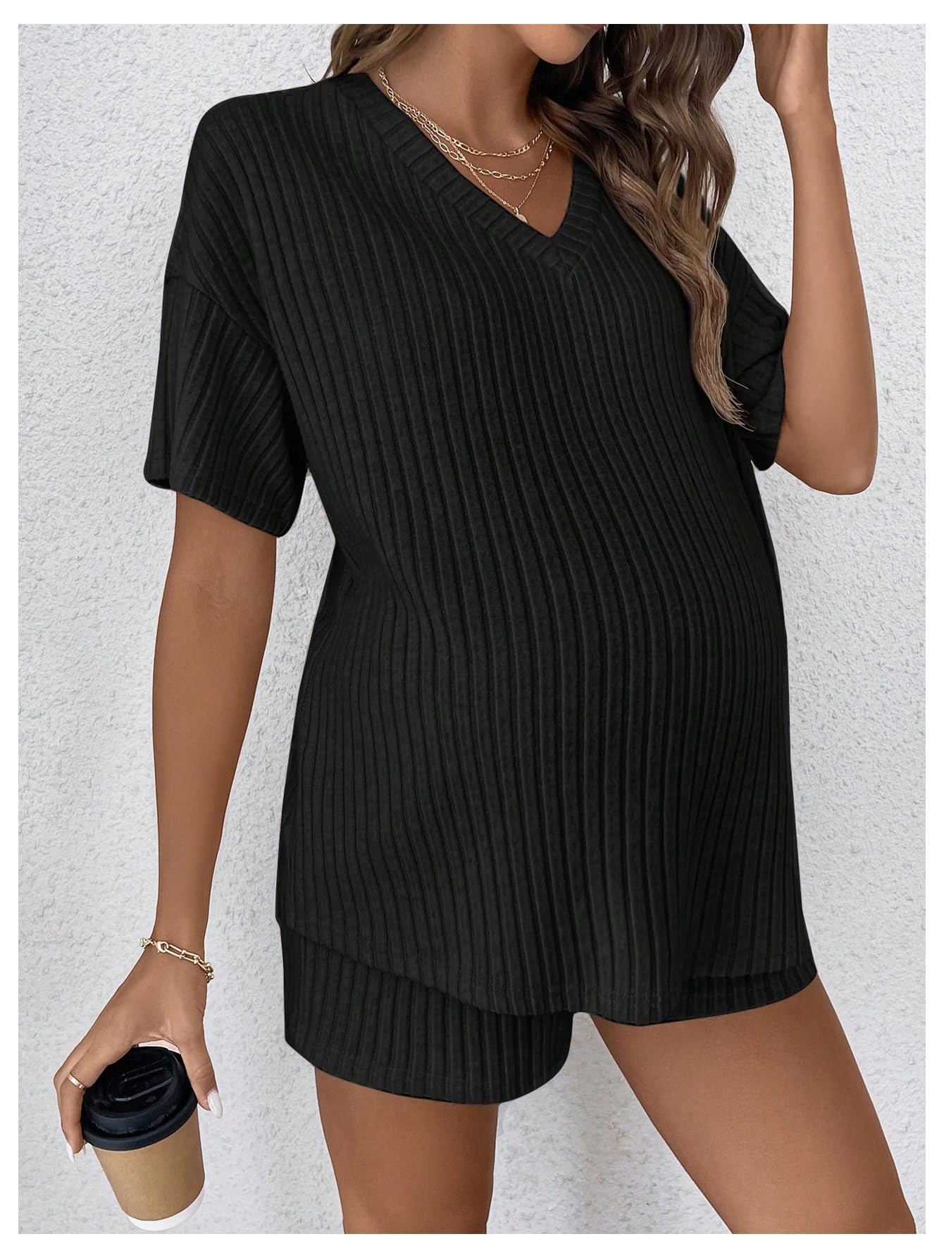 MakeMeChic Women's Maternity Pajama Set - 2 Piece Rib Knit Lounge Outfit with Short Sleeve Top & Shorts - Comfortable Pregnancy Sleepwear for Nighttime & Nursing - Perfect for Moms-to-Be