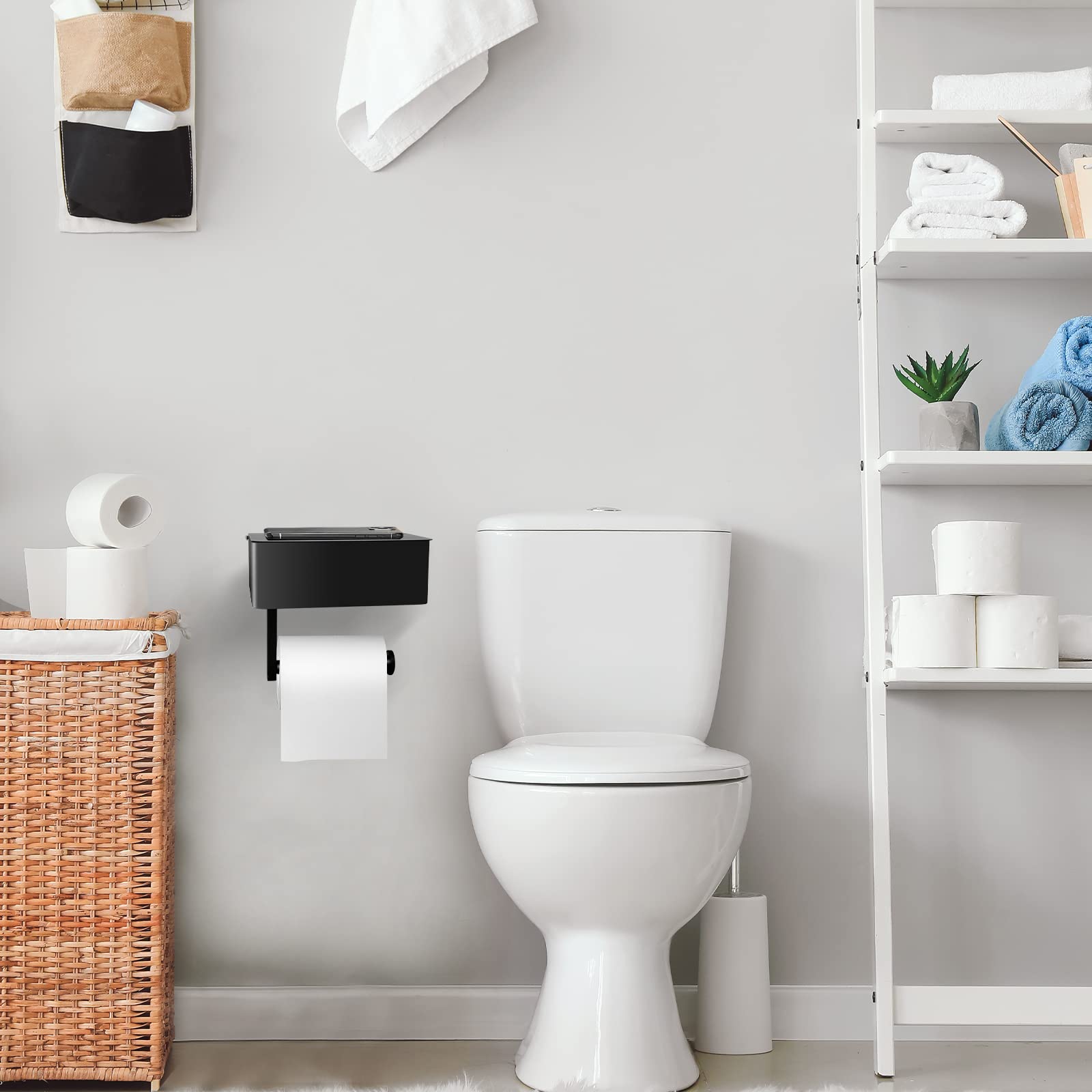 Stainless Steel Toilet Paper Holder with Shelf & Wipes Dispenser - Wall Mount No Drill Bathroom Storage Organizer for Toilet Paper Rolls - Matte Black - Perfect for Modern Bathrooms & Powder Rooms