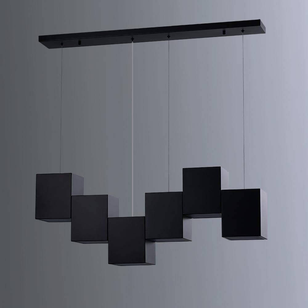 Modern Black Kitchen Island Lighting - 6-Light Square Linear Chandelier for Dining Room & Kitchen Ceiling Hanging Pendant Light - Perfect for Farmhouse, Contemporary Dining Areas & Breakfast Nooks