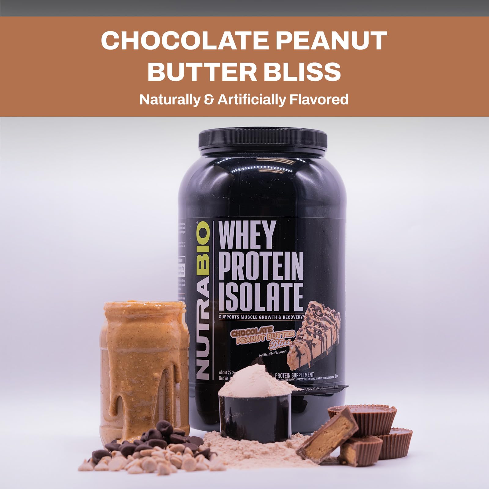 NutraBio Whey Protein Isolate Powder - 25g Protein per Scoop, Complete Amino Acid Profile, Soy & Gluten Free, Non-GMO, No Fillers - Chocolate Peanut Butter Flavor (5 Lbs) - Perfect for Post-Workout Recovery & Muscle Building