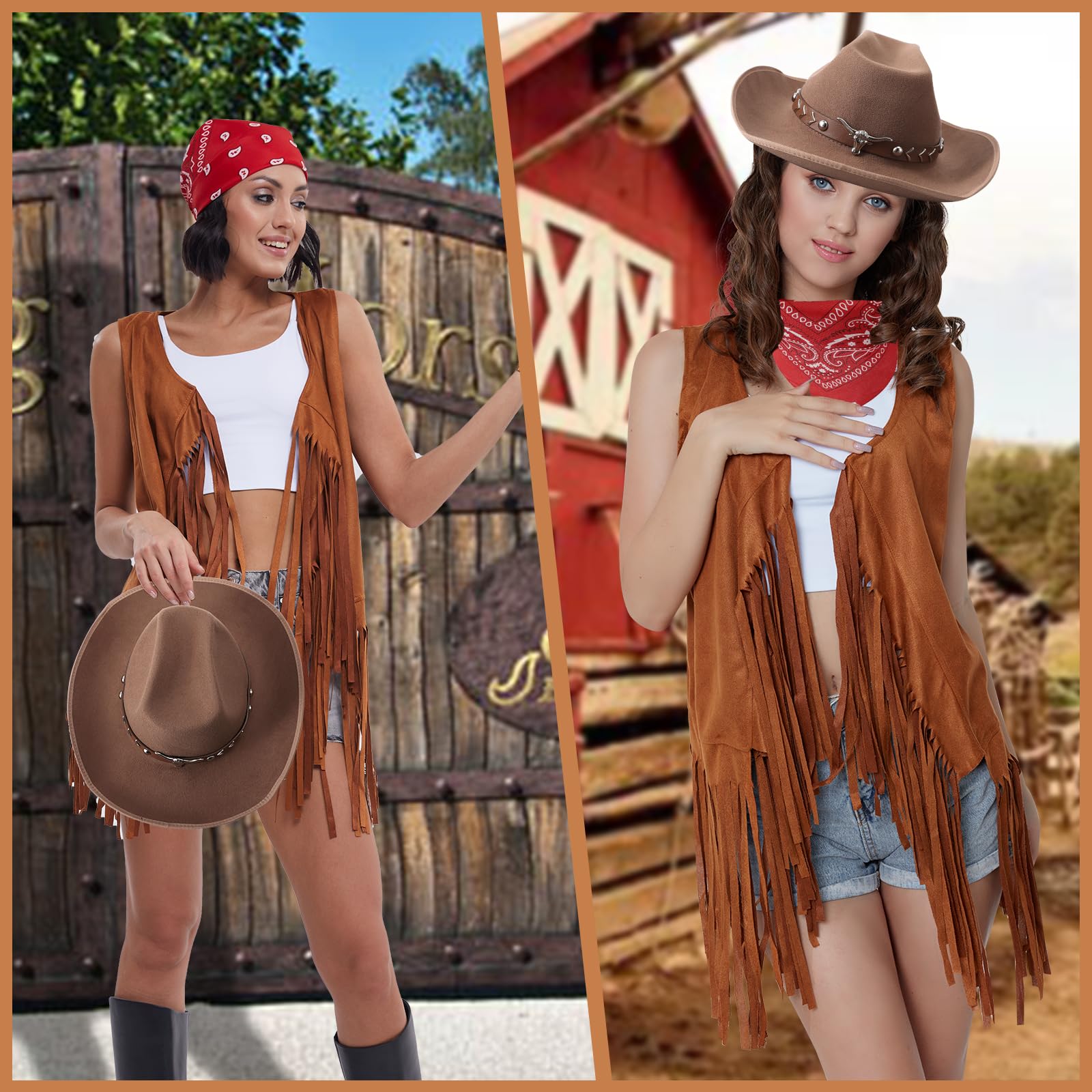 Western Outfits for Women - Cowgirl Tassel Sleeveless Vest, Cowboy Hat & Paisley Bandana Set | Perfect for Rodeo, Country Music Festivals & Western Theme Parties