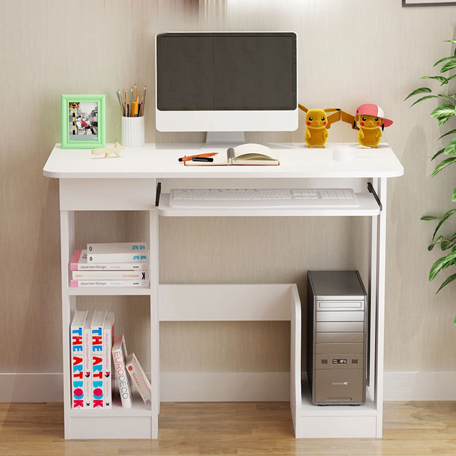 ROUWAN 35 Inch Industrial Home Office Desk with Bookshelf - White Wooden Computer Desk for Study, Work & Gaming - Space-Saving Multifunctional Workstation (35.4×18.9×28.3in) - Perfect for Small Spaces, Home Offices & Dorm Rooms