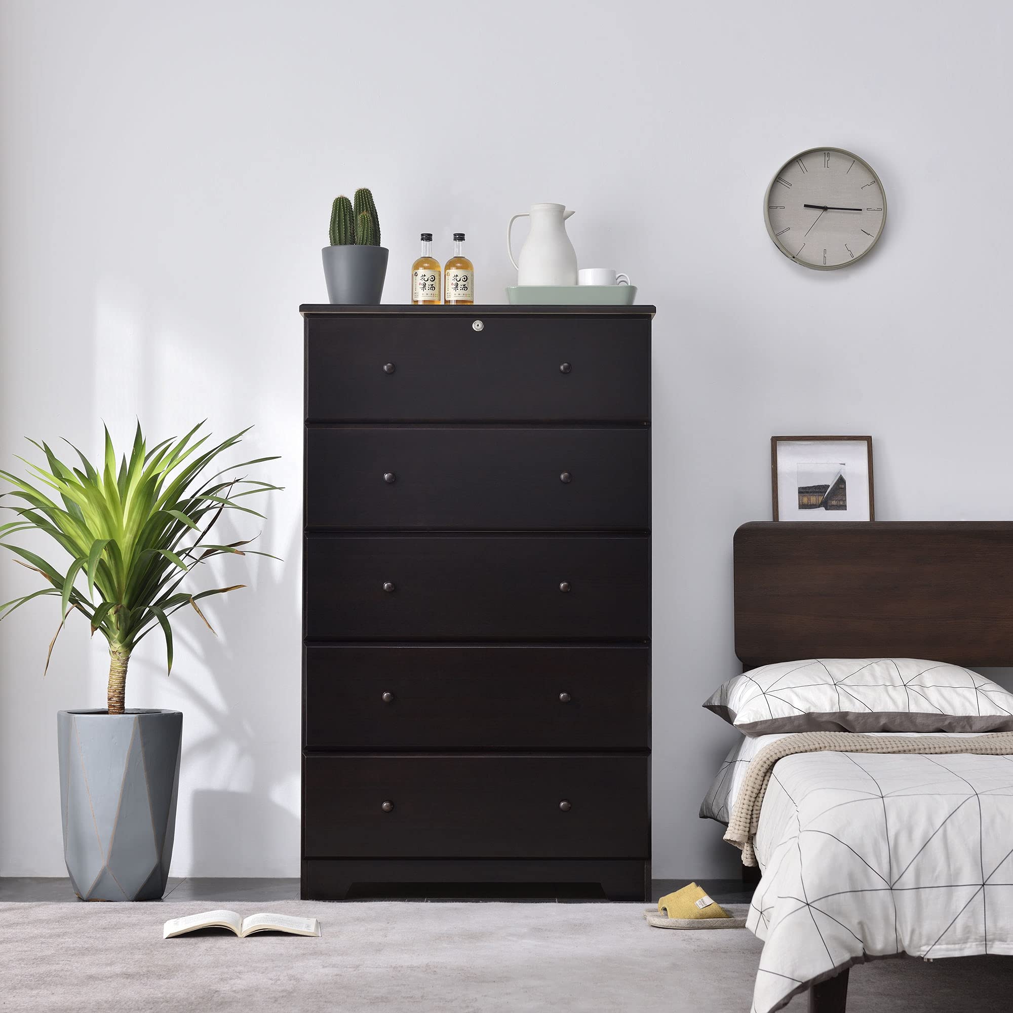 Super Jumbo Chest - 5 Deep Drawers 100% Solid Pine Wood Storage Dresser with Lock & Key | Bedroom Organizer, Closet Storage Solution, Tobacco Finish