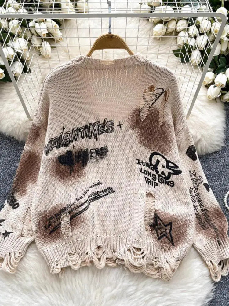 Women's Beige Graffiti Print Long Sleeve Cardigan Sweater - Korean Style Loose Knit Button Up Top for Autumn Winter Fashion | Casual Outfit, Office Wear, Coffee Date & Street Style
