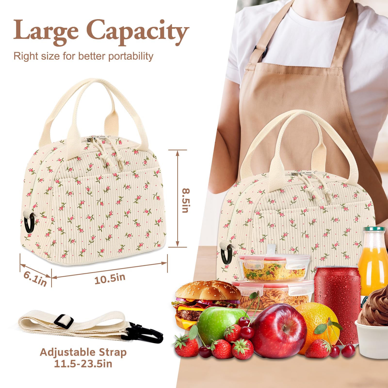 Stylish Insulated Lunch Bag for Women & Men - Large Corduroy Lunch Box with Shoulder Strap, Floral Tote & Reusable Cooler Bag | Perfect for Work, School, Picnics & Outdoor Activities