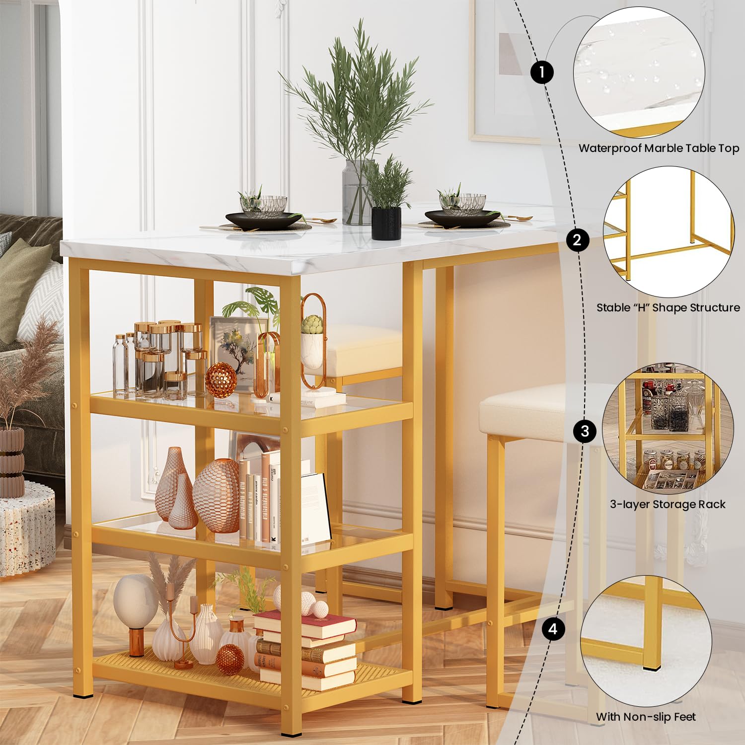 Modern 2-Person Kitchen Island Dining Set with Storage - Faux Marble Table & 2 Stools, Gold & White - Perfect for Small Spaces, Apartments, Kitchens & Dining Rooms