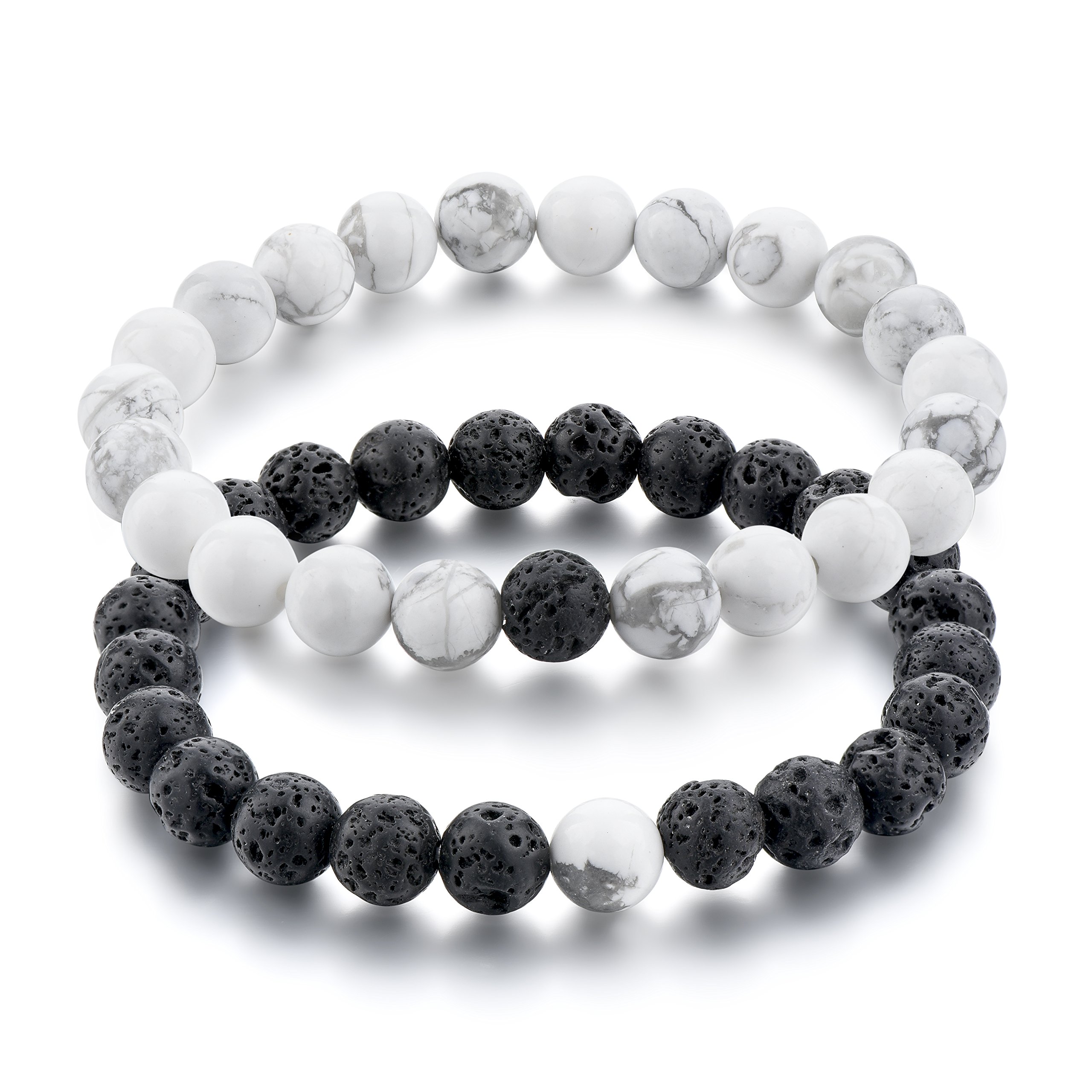 City Oak LGBT Relationship Bracelet Set - 2 Piece Handmade Couple Bracelets with White Howlite, Black Matte Agate & Rainbow Resin Beads | Strong Cord for Gay Couples | Aromatherapy Oil Diffuser Jewelry | Perfect for Pride Month, Anniversary Gifts & LGBTQ+ Couple Matching Accessories