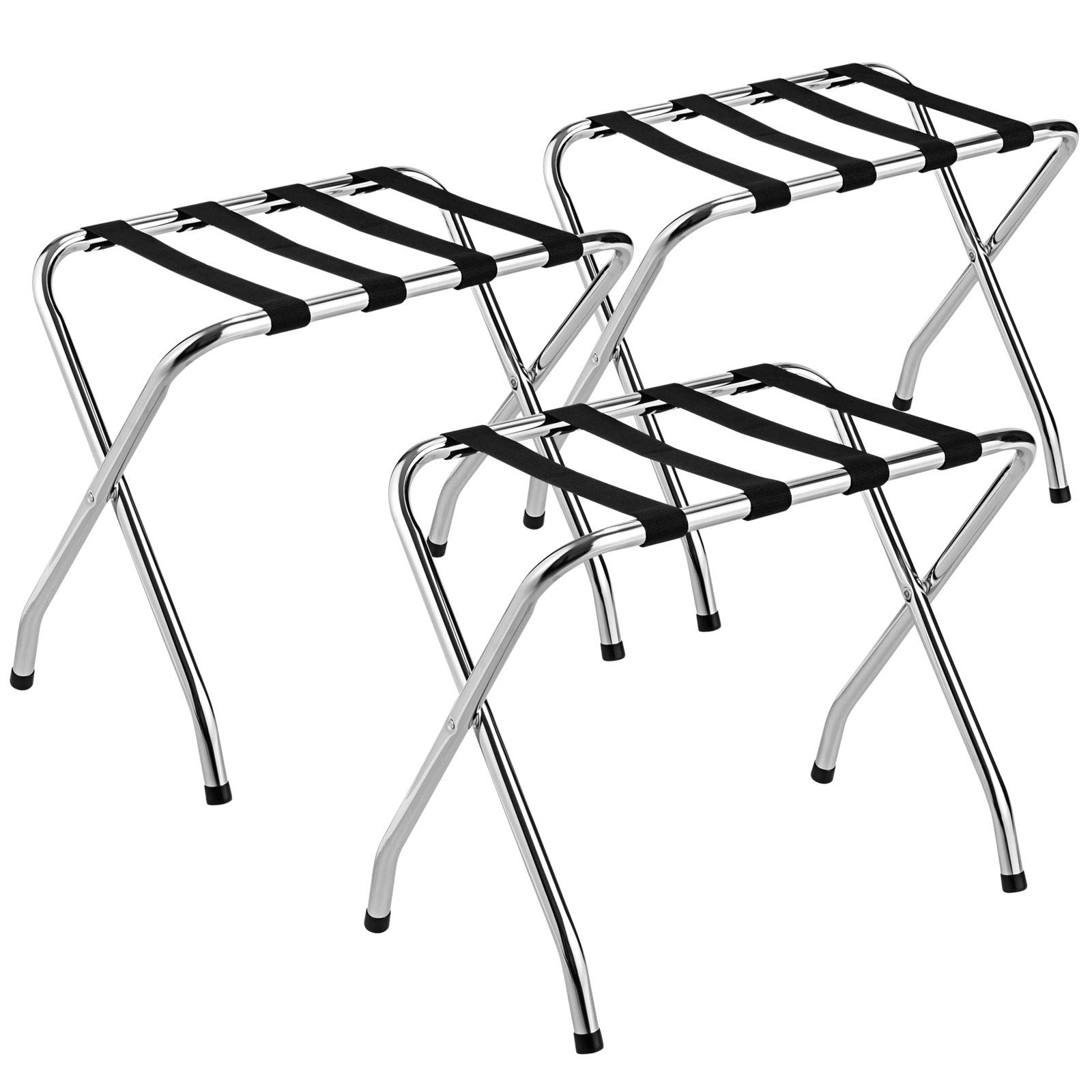 Tangkula Chrome Folding Luggage Rack - No Assembly Required Metal Suitcase Stand with Nylon Belts for Bedroom, Guest Room & Hotel - Space-Saving Silver Storage Solution (3-Pack) - Perfect for Travelers & Small Spaces