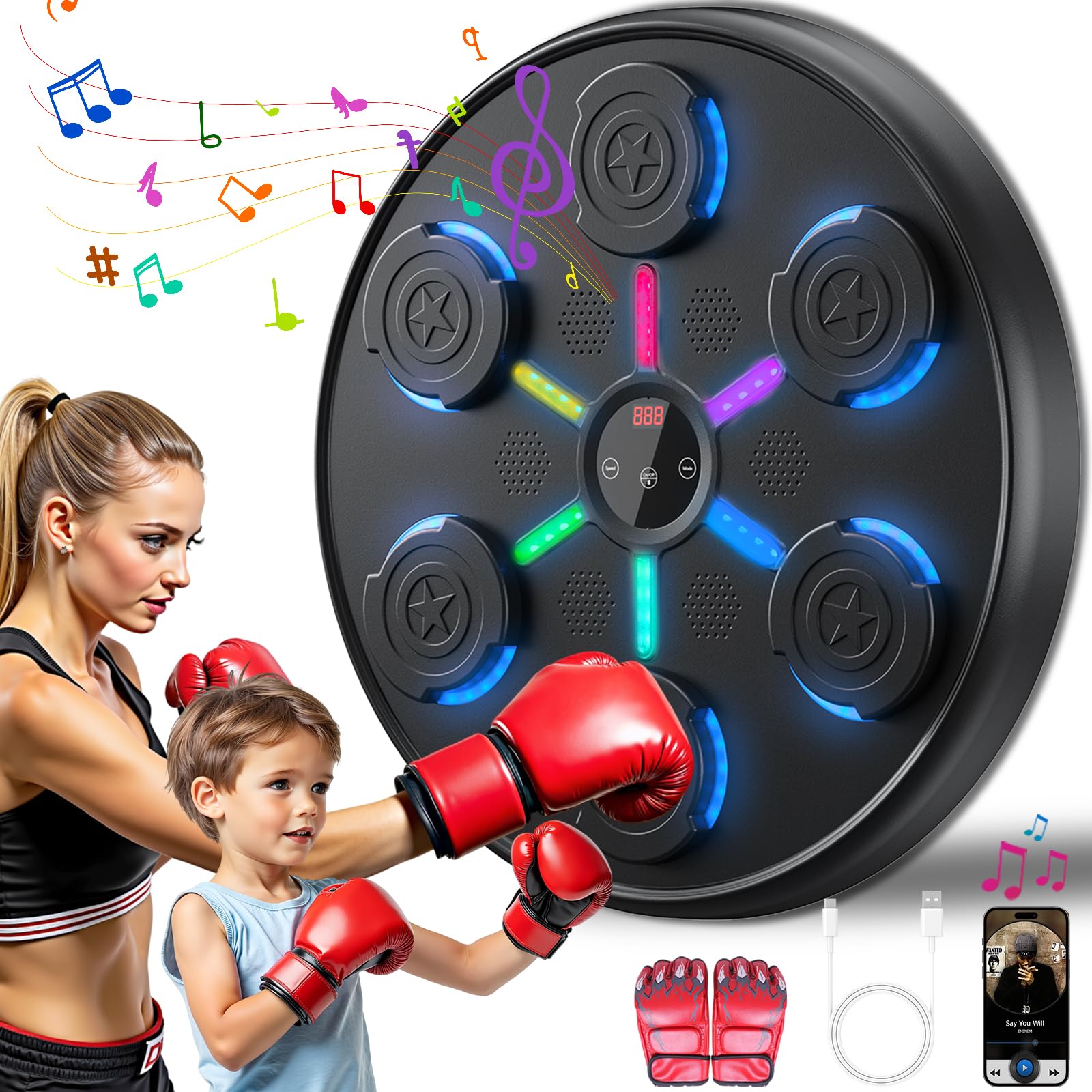 2025 New Smart Bluetooth Music Boxing Machine - Upgrade & Larger Wall-Mounted Exercise Equipment with Boxing Gloves | One Punch Boxing Game for Kids & Adults | Perfect for Home Gym, Fitness Training & Stress Relief