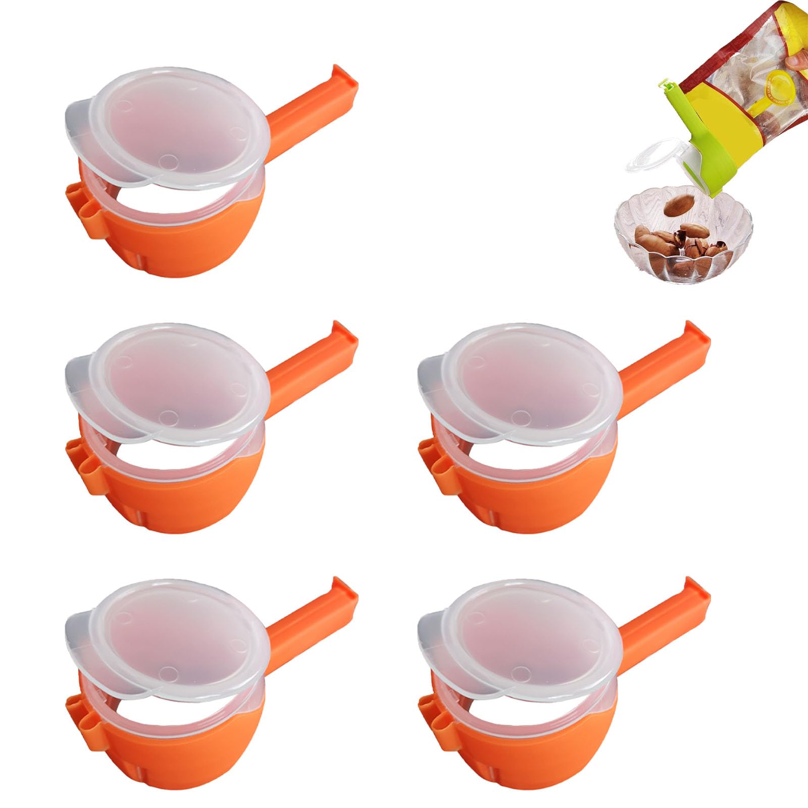 5-Pack Orange Snack Bag Clips with Pour Spouts - Reusable Food Storage Sealing Clips for Chips, Cereal, Flour & Dry Goods - Perfect for Kitchen Pantry Organization & Mess-Free Pouring