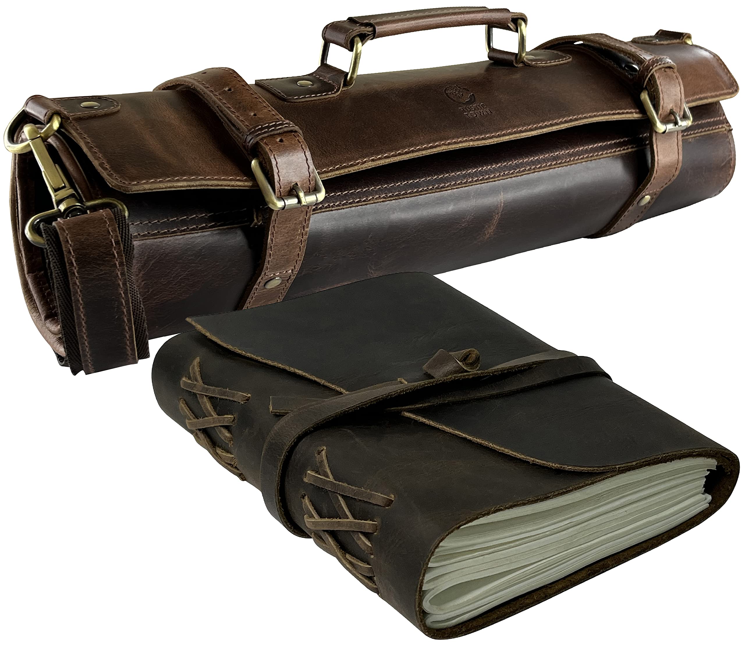 RUSTIC TOWN Premium Leather Knife Roll & Leather Journal Set - Professional Chef Accessories for Knife Storage & Recipe Writing | Ideal for Cooking Classes, Culinary Gifts & Kitchen Organization