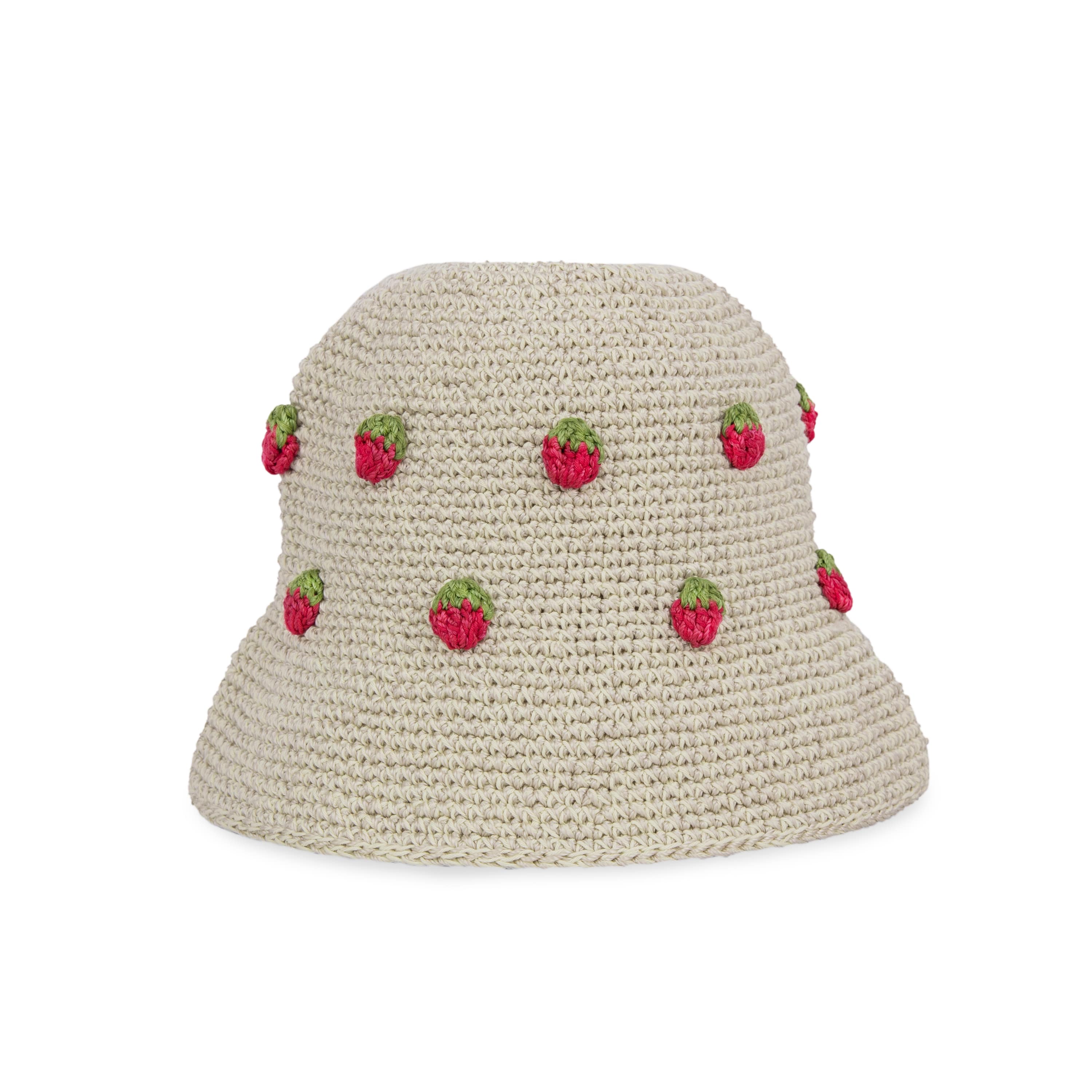 Handmade Lanie Bucket Hat - Natural Strawberry Crochet Sun Hat for Women, Summer Beach Vacation & Outdoor Activities