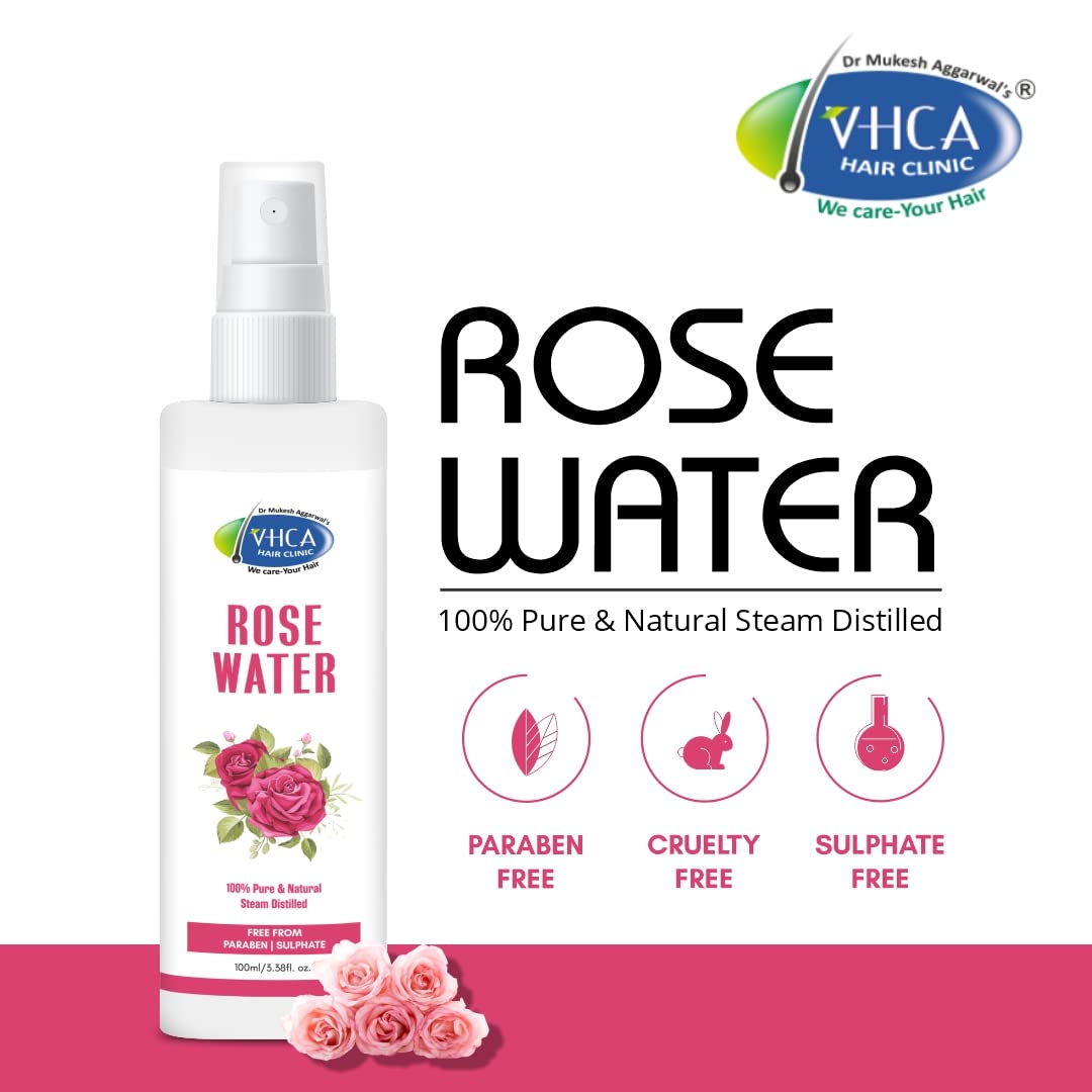 VHCA Pure Distilled Rose Water Facial Spray - Hydrating & Refreshing Toner for Oily, Dry & Normal Skin | Alcohol-Free Skin Care for Men & Women | 3-Pack (100ml Each) | Perfect for Daily Skincare, Makeup Setting & Summer Cooling