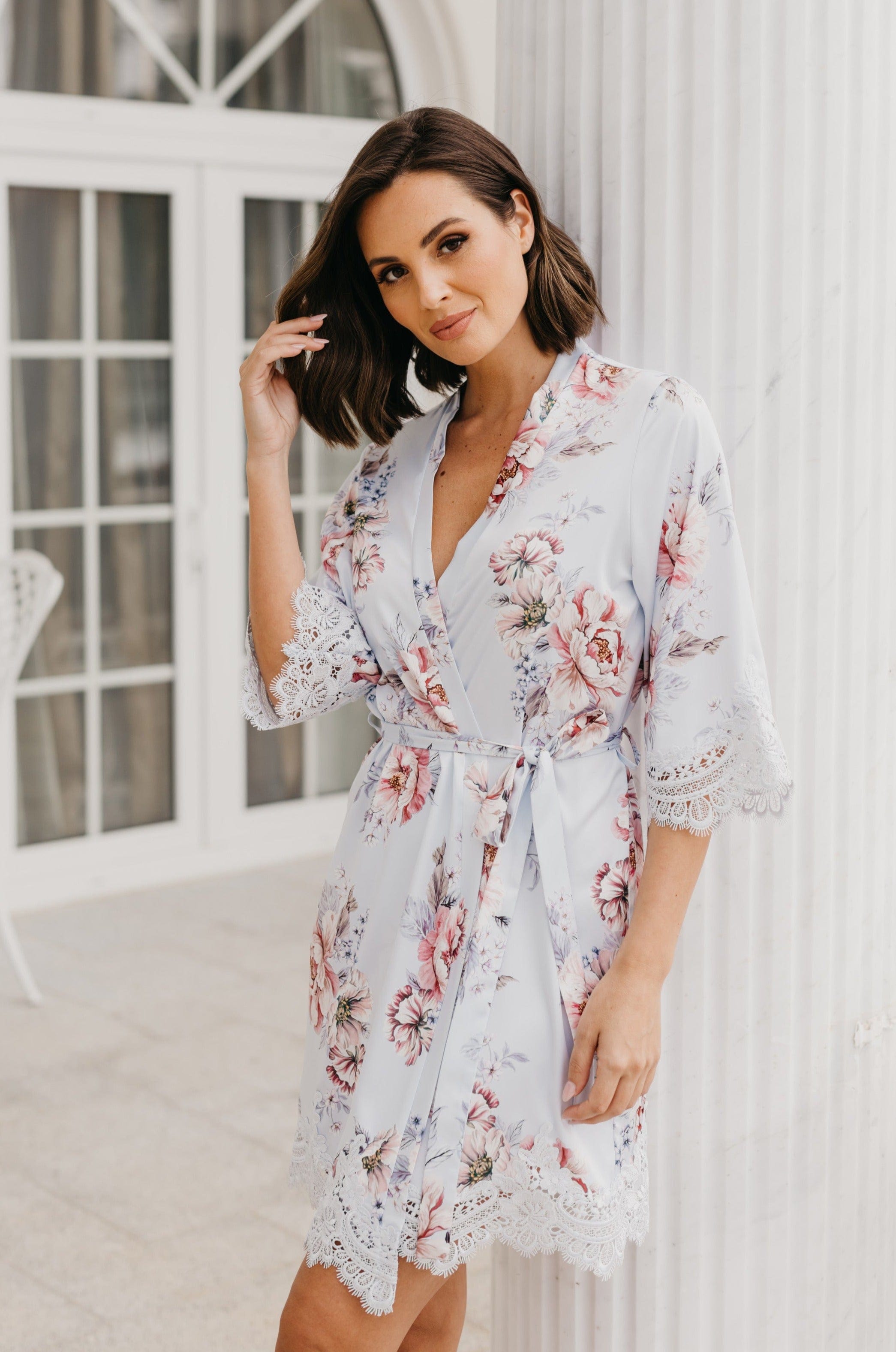 Serena Veiled Rose Printed Lace Trim Satin Robe - Elegant Bridal Lingerie & Boudoir Dress for Wedding Night, Honeymoon & Romantic Occasions