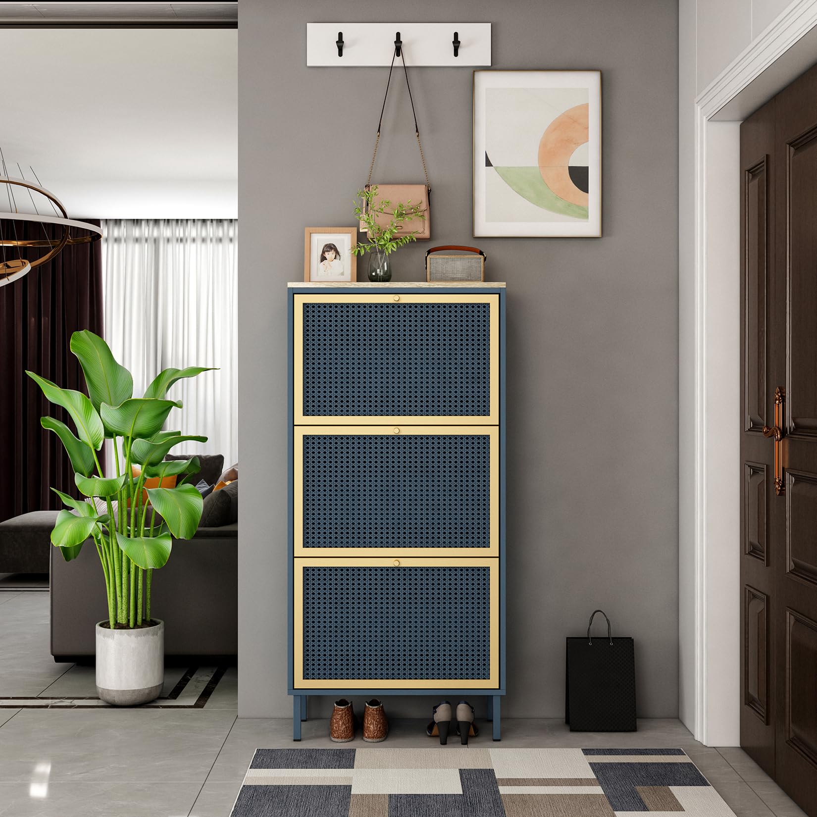 Modern 3-Tier Metal Rattan Shoe Rack Organizer - Freestanding Entryway Shoe Storage Cabinet for Hallway, Living Room & Bedroom - Space-Saving Blue Shoe Shelf for Home Organization