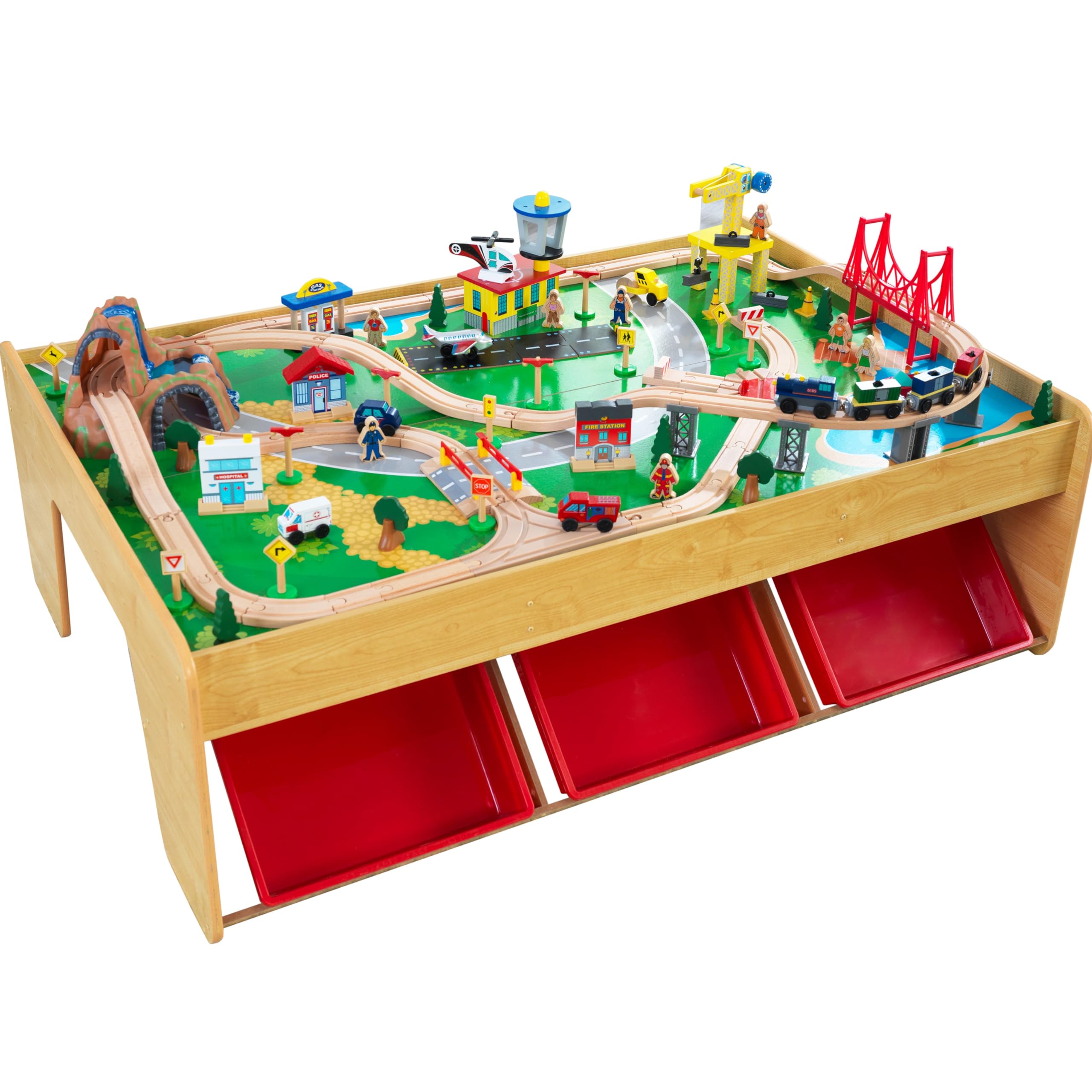 KidKraft 17850 Waterfall Mountain Wooden Train Set & Table - 120 Piece Toy Train Track with Storage Bins | Perfect for Kids Playroom, Preschool Learning & Creative Playtime