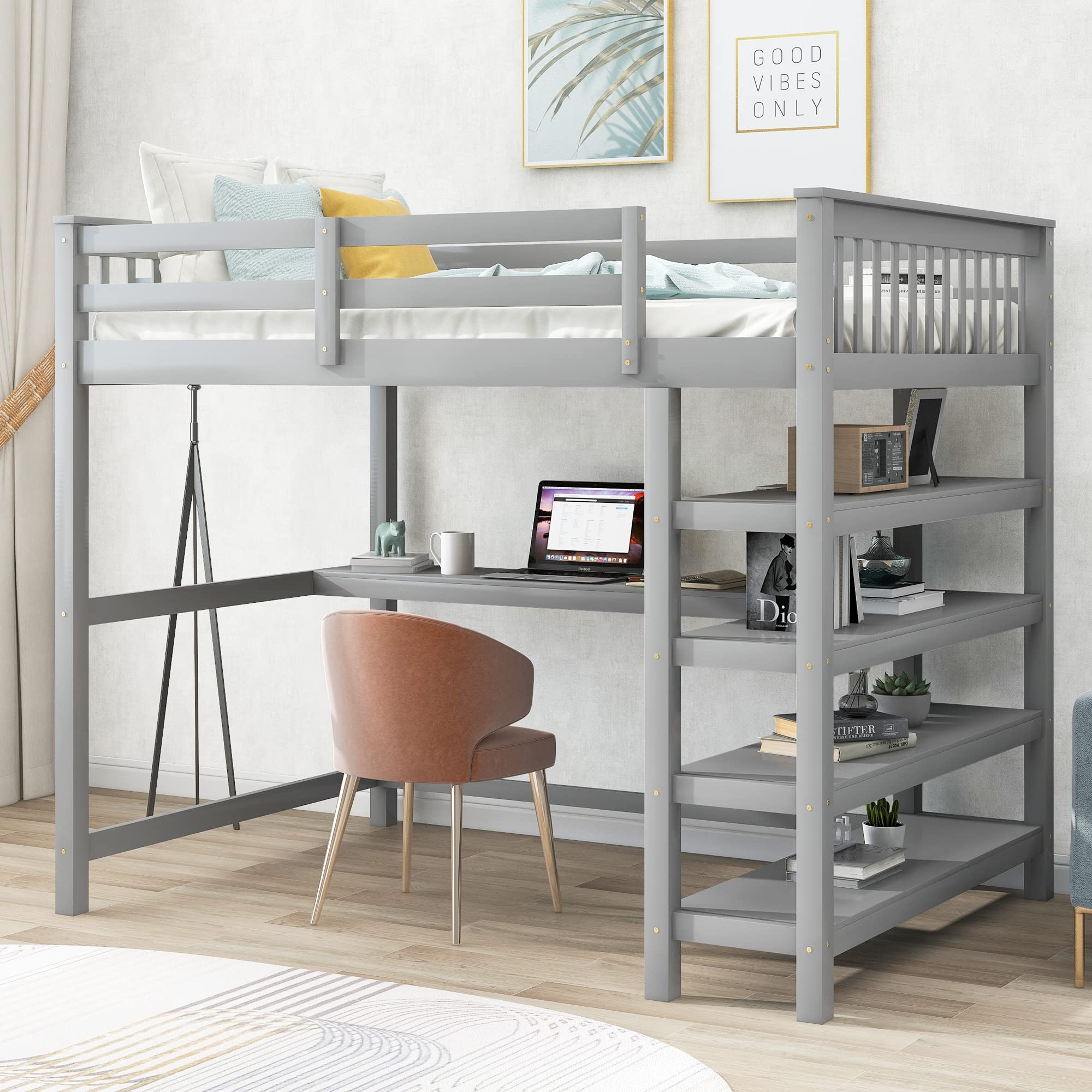 Bellemave Full Size Loft Bed with Desk & Storage Shelves - Solid Wood Loft Bed Frame for Teens & Adults - Space-Saving Bedroom Furniture (Gray) - Perfect for Small Rooms, Dorms & Apartments