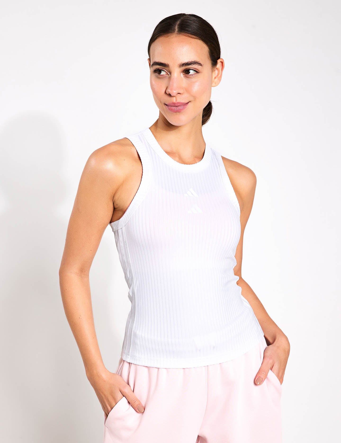 Gym Seasonal Rib Tight Fit Tonal 3 Stripes Tank Top for Women - White | Workout, Yoga & Running Activewear