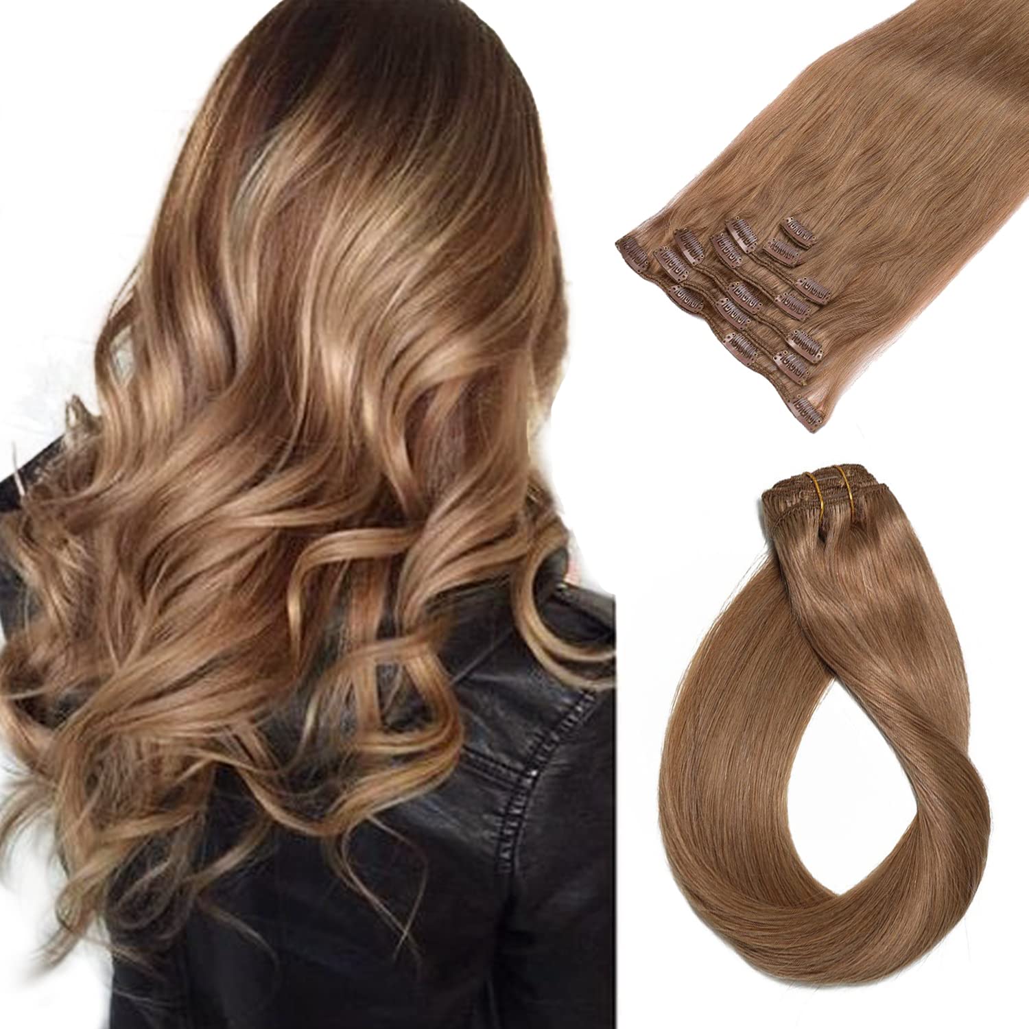 Premium 18 Inch Golden Brown Clip-In Human Hair Extensions for Women - 7 Pieces 70g Straight Double Weft Remy Hair - Natural Look for Volume & Length - Perfect for Daily Wear, Parties & Special Occasions
