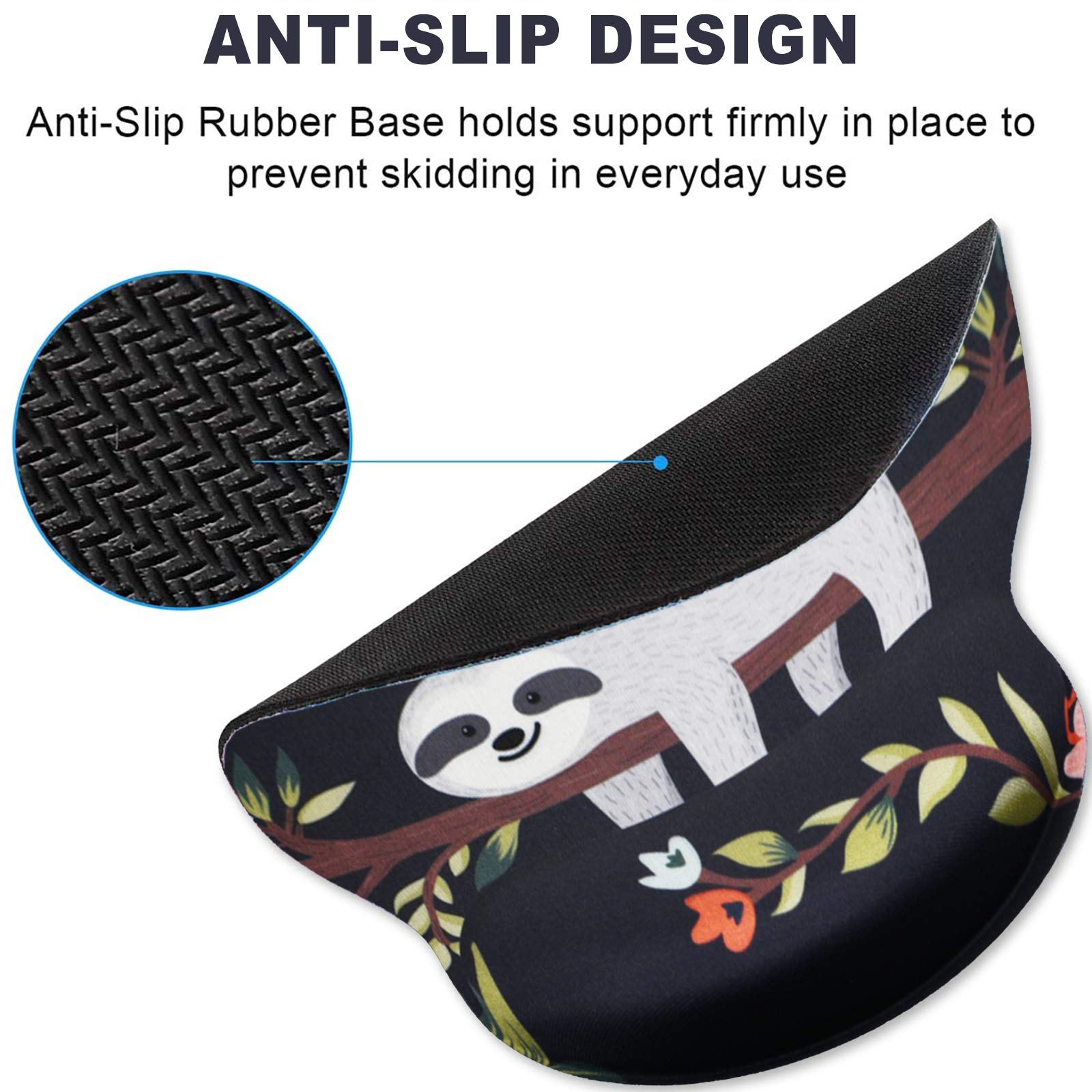 ToLuLu Ergonomic Gel Mouse Pad with Wrist Rest - Non-Slip Rubber Base & Memory Foam for Pain Relief - Perfect for Office, Gaming & Home Computer Use - Cute Sloth Design (Black)