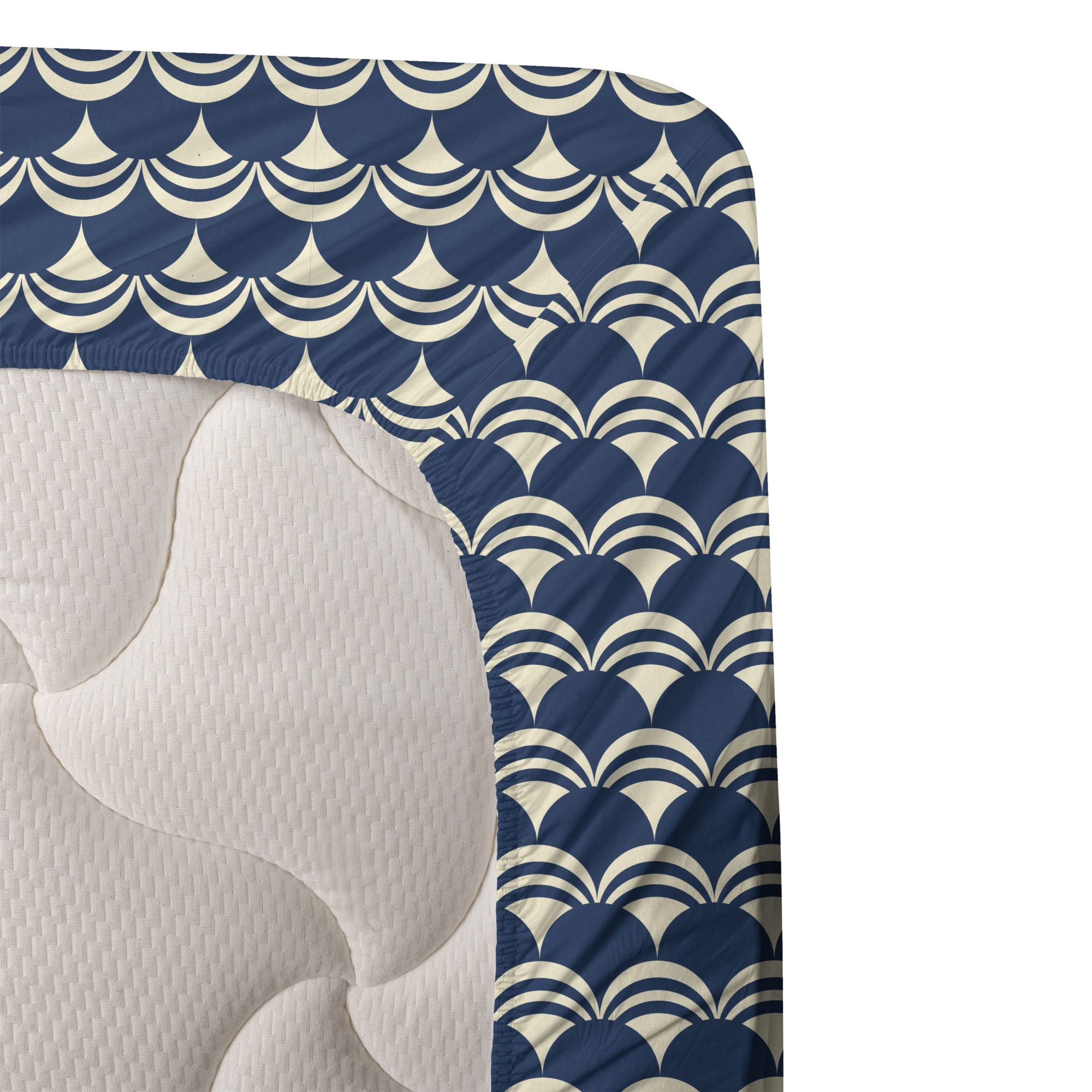 Ambesonne Abstract Japanese Folk Inspired Sheet Set - King Size 4 Piece Bedding Set with Fitted Sheet, Flat Sheet & Pillowcases - Night Blue Eggshell with Dichromatic Semicircle Design - Perfect for Modern Bedrooms, Guest Rooms & Dorm Decor