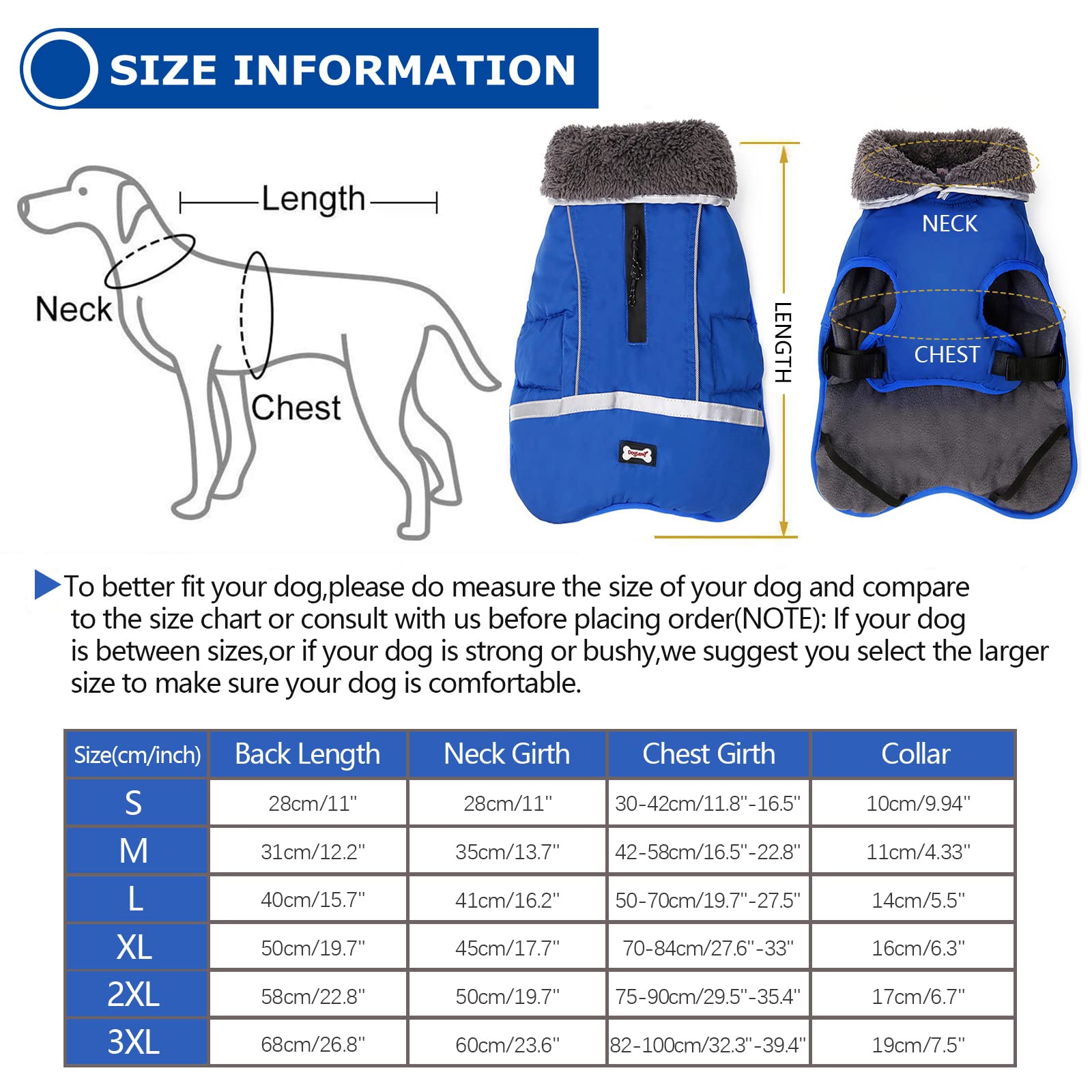 QBLEEV Reflective Waterproof Dog Winter Coat - Fleece-Lined Warm Dog Jacket with Turtleneck for Small, Medium & Large Dogs - Cold Weather Snowsuit for Christmas & Outdoor Activities