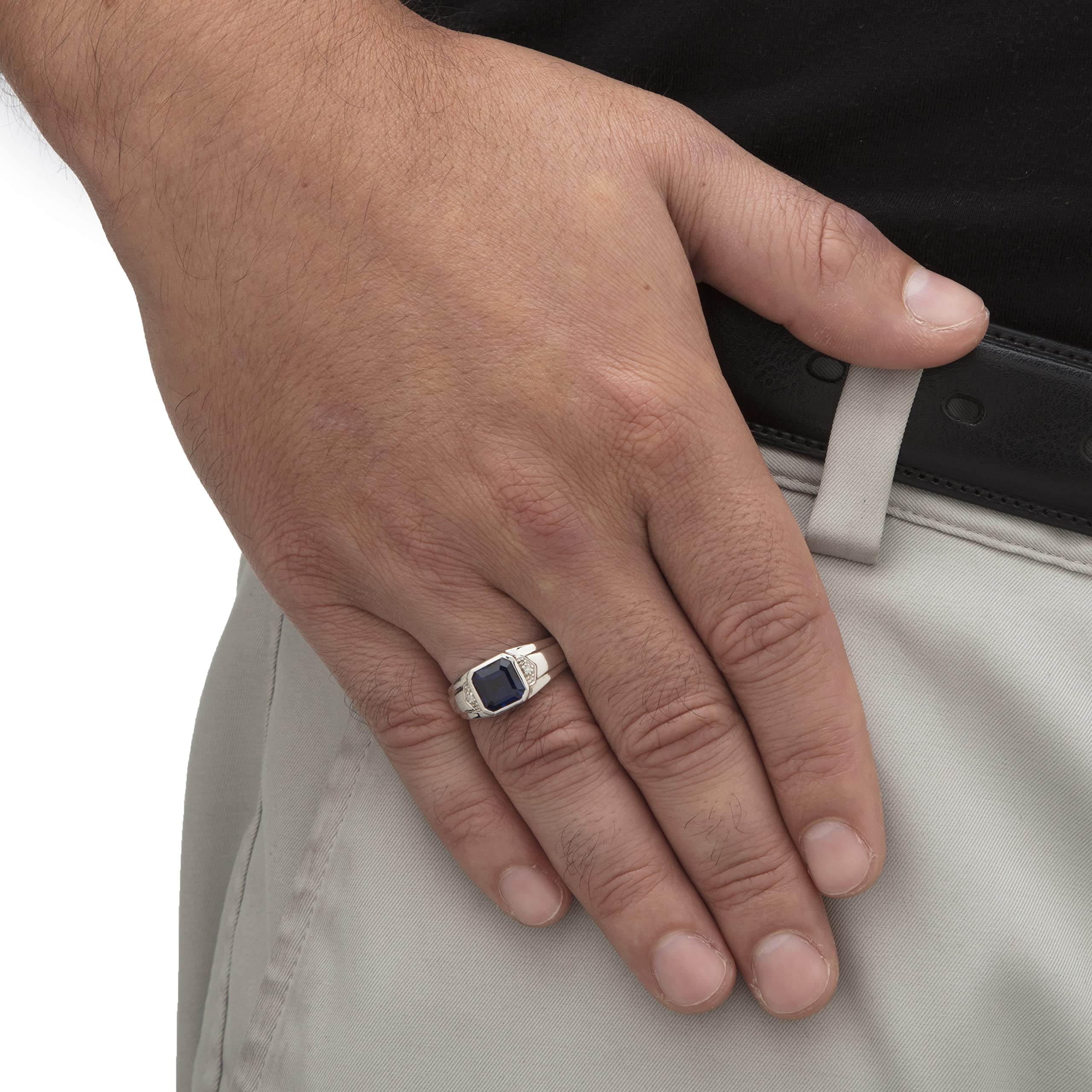 Platinum Over Sterling Silver Men's Ring - Square Cut Created Blue Sapphire & Diamond Accent Octagon Design for Wedding, Engagement & Special Occasions