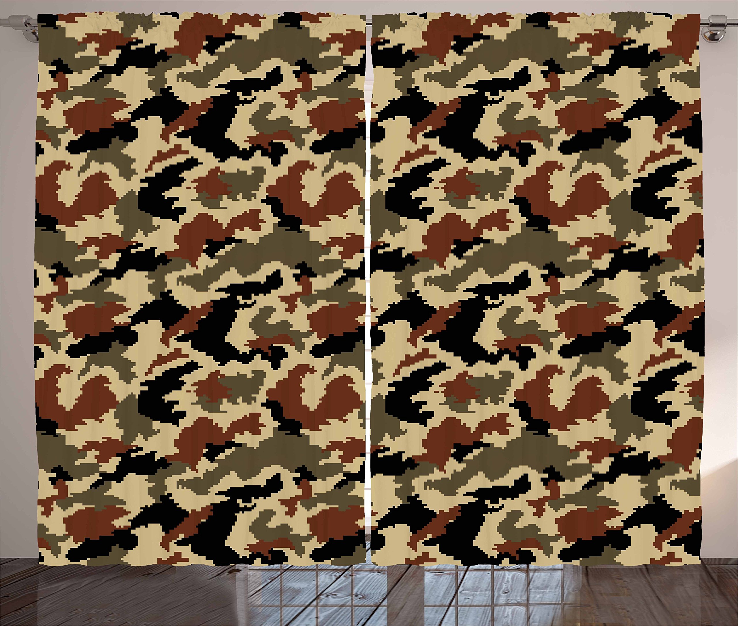 Ambesonne Camouflage Curtains - Pixel Art Abstract Design in Brown Black Sepia, 108