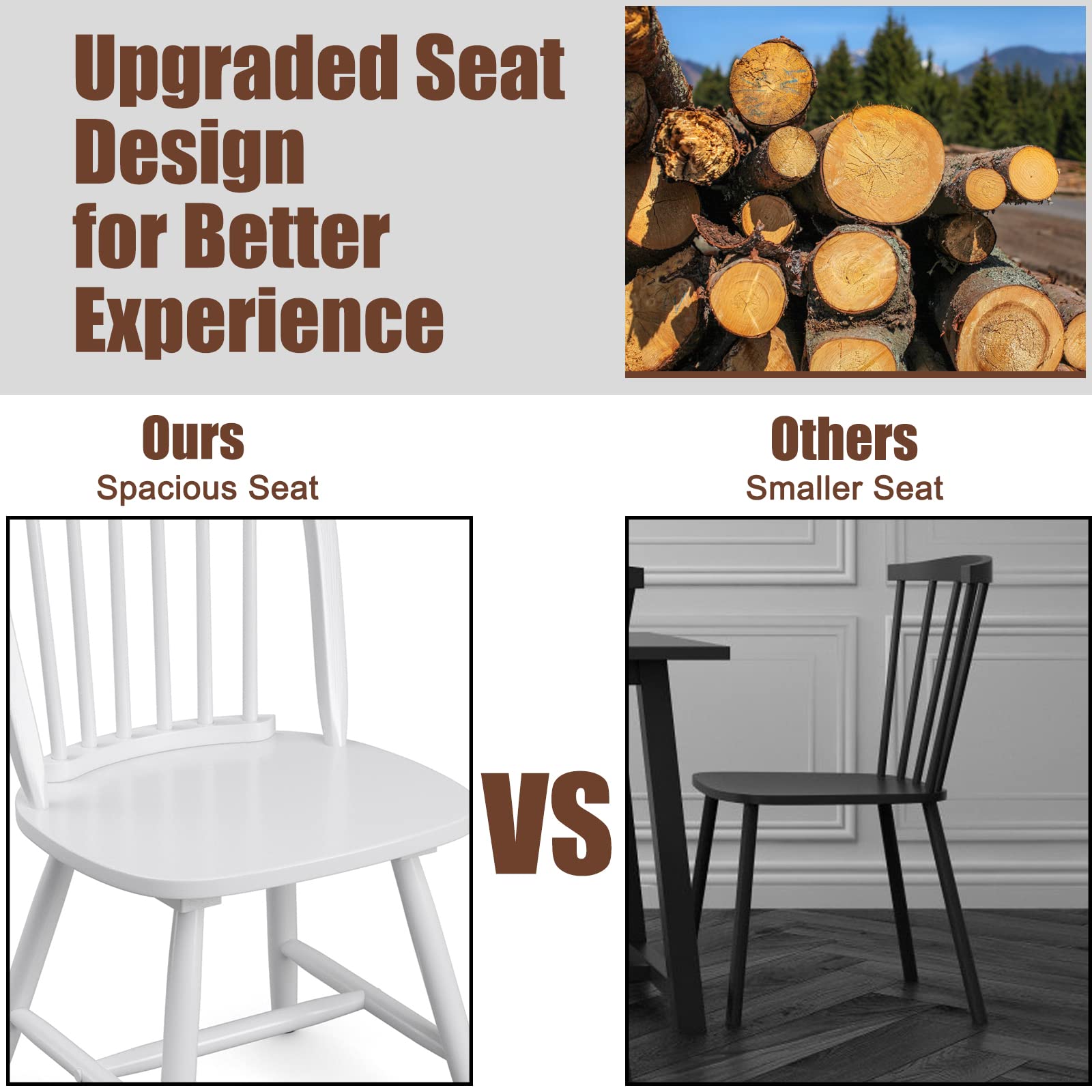 KOTEK Set of 2 Windsor Dining Chairs - Solid Wood Spindle Back Chairs with Wide Seat, Farmhouse Style Armless Side Chairs for Kitchen, Dining Room & Living Room - Perfect for Family Dinners & Home Decor (White)