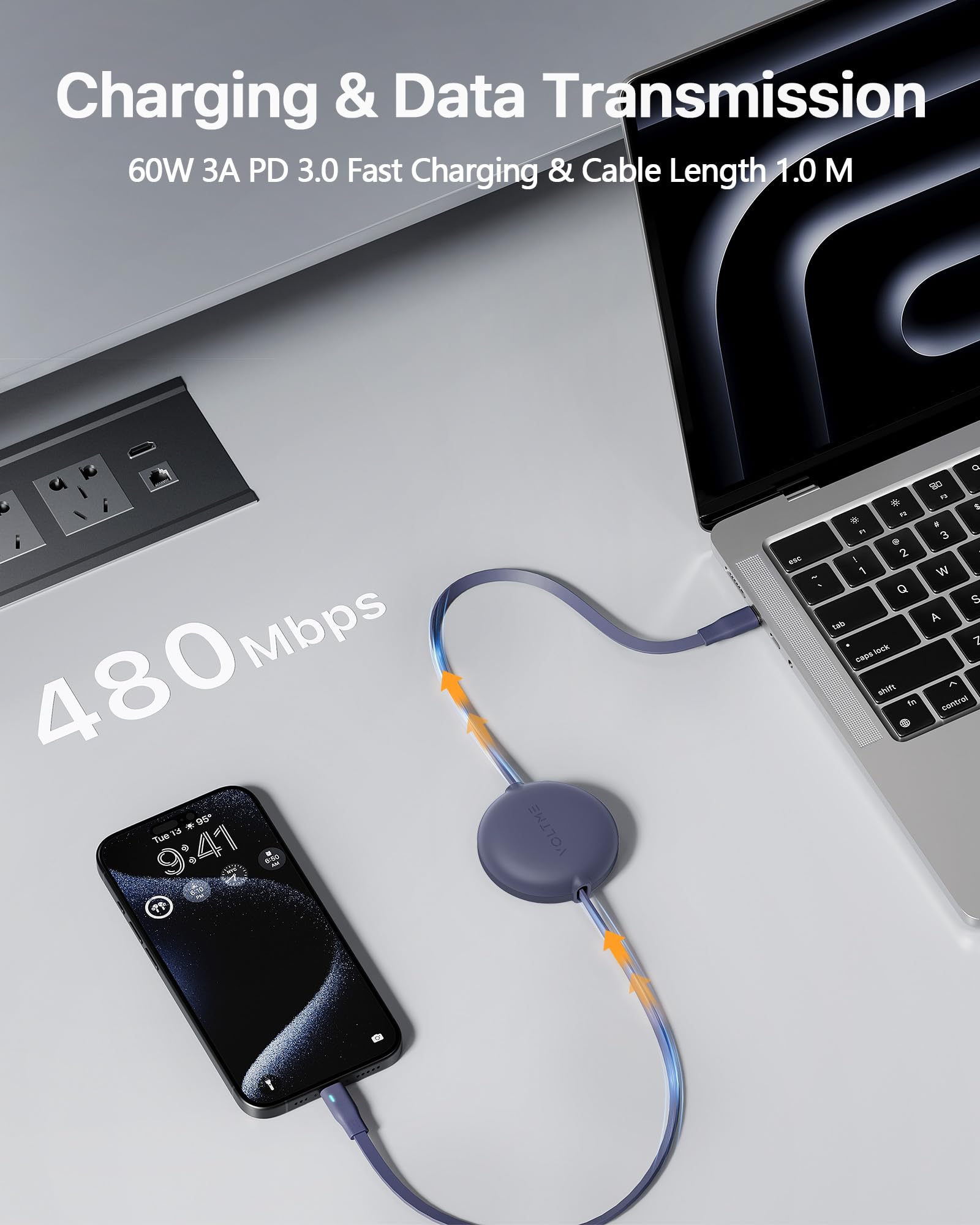 VOLTME 60W USB C to USB C Fast Charging Cable (3.3ft) - Retractable Type C Cable Compatible with iPhone 15, MacBook Pro, iPad Pro/Air, Galaxy S24+/Ultra - Perfect for Travel, Office & Home Charging (Blue)