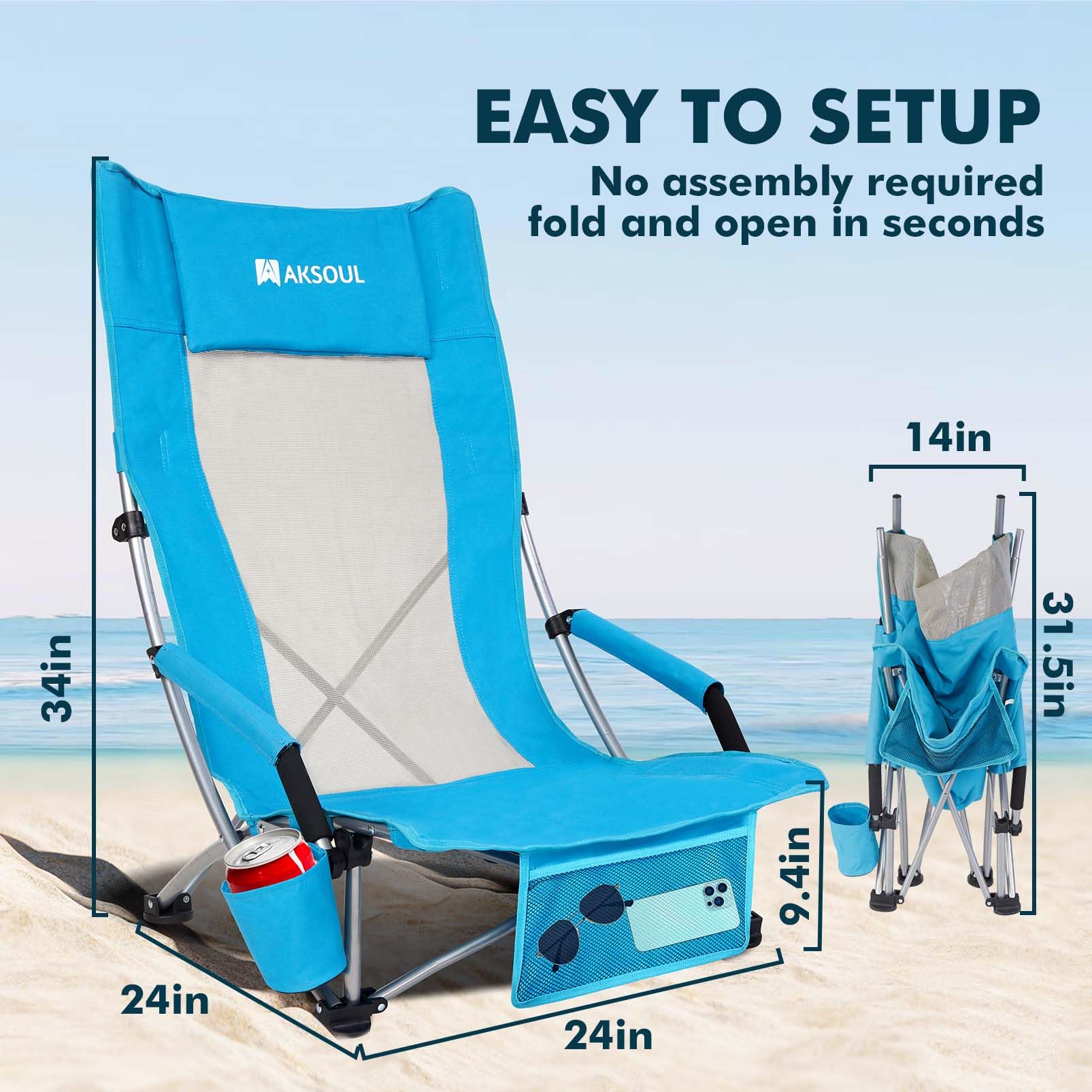 AKSOUL Portable Folding Beach Chair for Adults - Adjustable High/Low Back, Extra Wide Seat with Comfortable Pillow & Storage Pocket - Includes Carry Bag (1 Pack & 2 Pack, Blue) - Perfect for Beach, Camping, Picnics, Backyard & Outdoor Relaxation