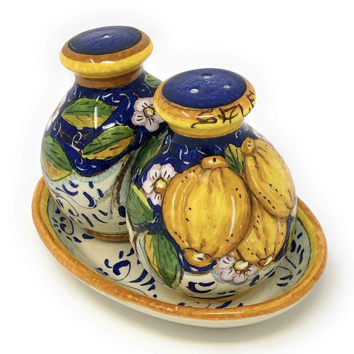 Italian Ceramic Salt and Pepper Shakers Set - Hand Painted Tuscan Art Pottery with Three Lemons Design, Blue Decorated, Made in Italy | Perfect for Kitchen, Dining Table, and Italian-Themed Home Decor