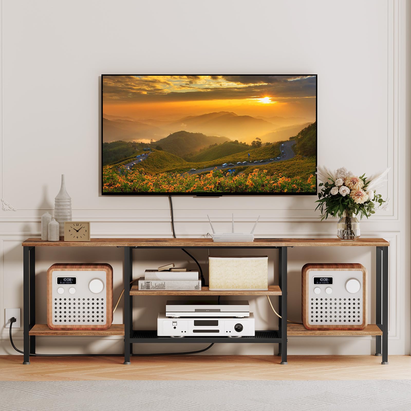 HOOBRO 75 Inch TV Stand with Power Outlets, Industrial TV Console Table with Open Storage Shelves & Cabinet, Rustic Brown & Black Entertainment Center for Living Room & Bedroom - Perfect for Gaming, Movie Nights & Home Theater Setup (Model BF60DS01)