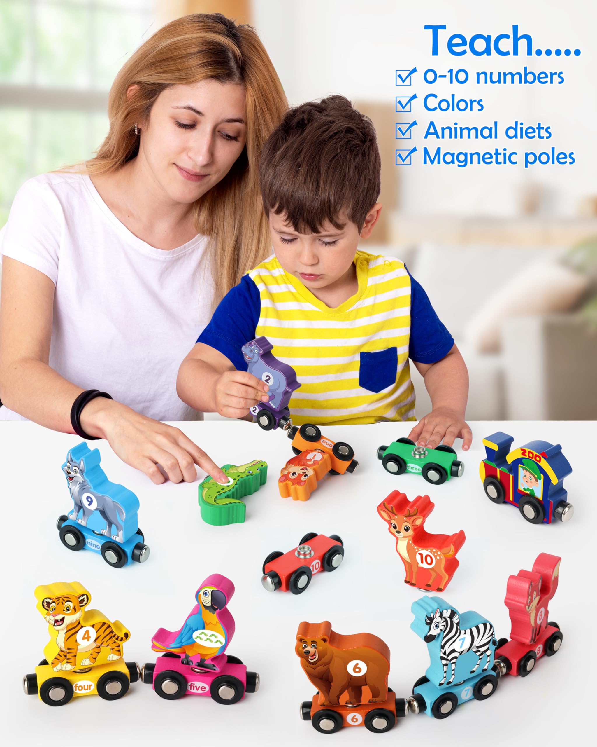 Vanmor Magnetic Wooden Train Set for Toddlers - Educational Animal Number Train Toy for Kids Ages 3-5 | STEM Learning Toy for Fine Motor Skills Development | Perfect Preschool Activity & Birthday Gift for Boys & Girls | Great for Playroom, Classroom & Travel Entertainment