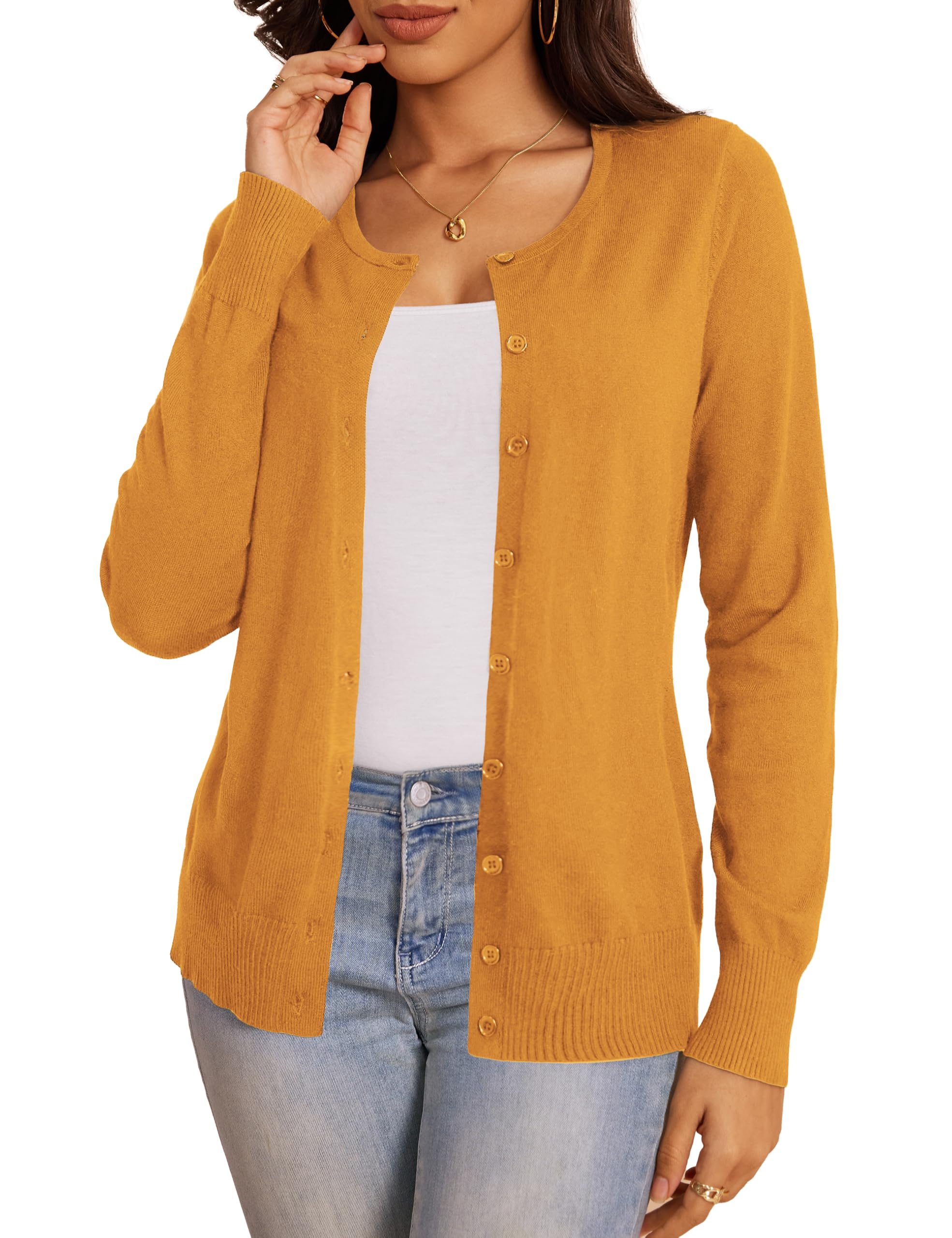 Jesdani Women's Button Down Knit Cardigan Sweater - Soft Long Sleeve Crew Neck Open Front Casual Pullover for Office, Lounge & Fall Layering