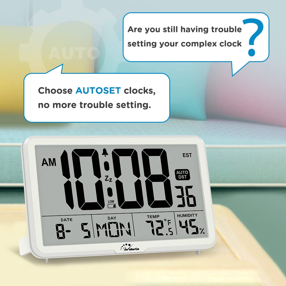 WallarGe Auto Set Digital Wall Clock with Temperature & Humidity - Large Display Battery Operated Desk Clock with Date, 8 Time Zones & Auto DST - Perfect for Elderly, Bedroom, Office & Home Use