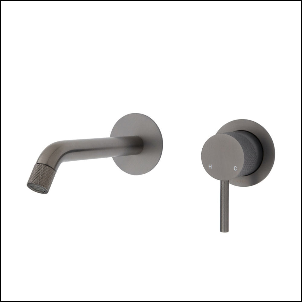 FIENZA Gun Metal Axle Wall Basin & Bath Mixer Set with Small Round Plates - 160mm Outlet (231104GM) - Perfect for Modern Bathroom & Spa Renovations