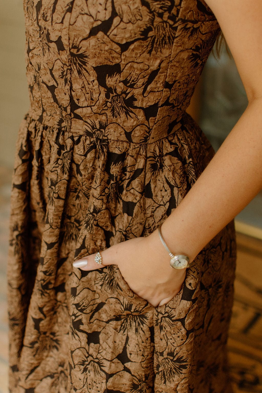 Elegant Brown Bow Detail Textured Midi Dress for Women | Casual & Party Wear | Perfect for Office, Date Night & Special Occasions