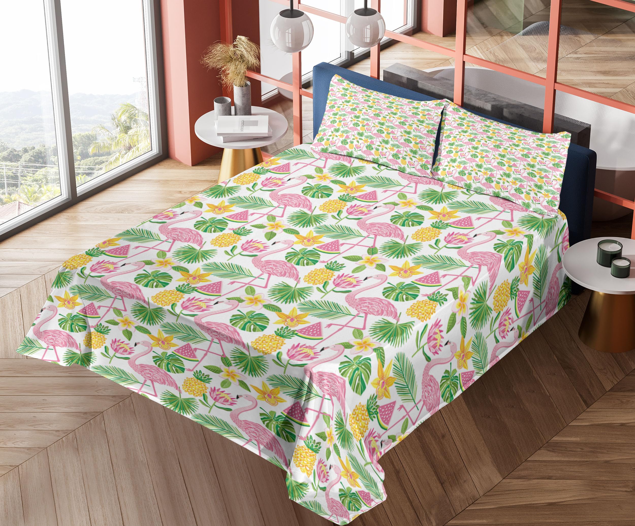 Ambesonne Exotic Flamingo Watermelon Pineapple Tropical Print 4-Piece King Sheet Set - Pink Green Mustard Bedding for Beach House, Summer Decor & Boho Chic Bedroom