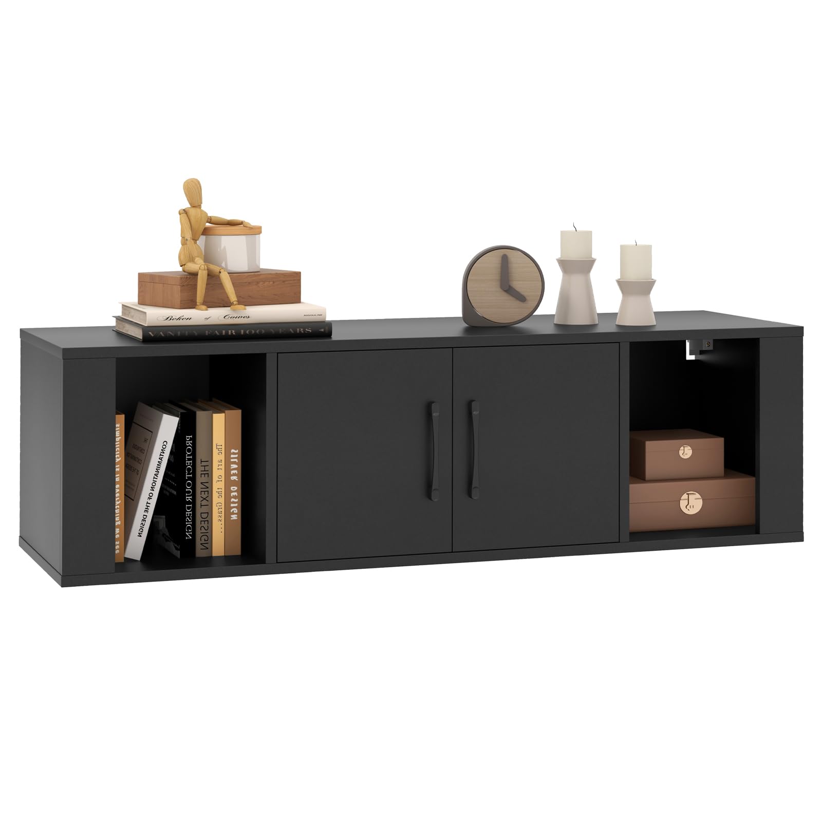Giantex 2 Cube Wall Mounted Storage Cabinet with 2 Doors & 2 Open Shelves - Floating Media Console for Home Office, Kitchen, Bathroom & Living Room - Space Saving Organizer for Books, Decor & Essentials (Black)