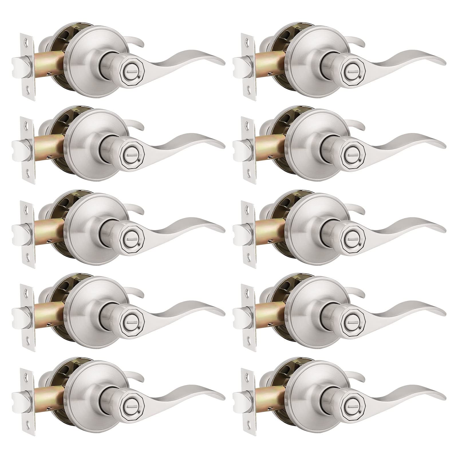 Probrico 10 Pack Privacy Door Lever Thumb Turn Lock - Keyless Satin Nickel Finish Wave Door Lock Set for Bedroom & Bathroom Doors, Reversible Right & Left Handed - Perfect for Home, Office, and Rental Property Security