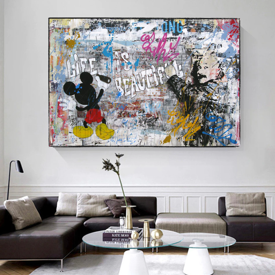 Banksy Life is Beautiful Mickey Mouse Canvas Wall Art Print - Pop Art Home Decor for Living Room, Bedroom & Office