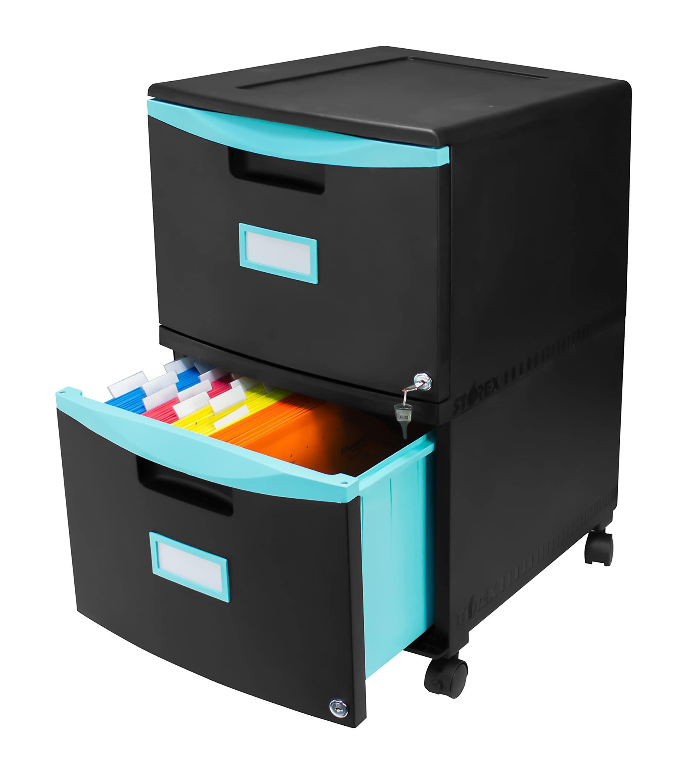 Storex Plastic Two-Drawer File Cabinet with Lock - Mobile Document Organizer for Home Office, Black (61315U01C) - Secure Storage for Files, Folders & Office Supplies