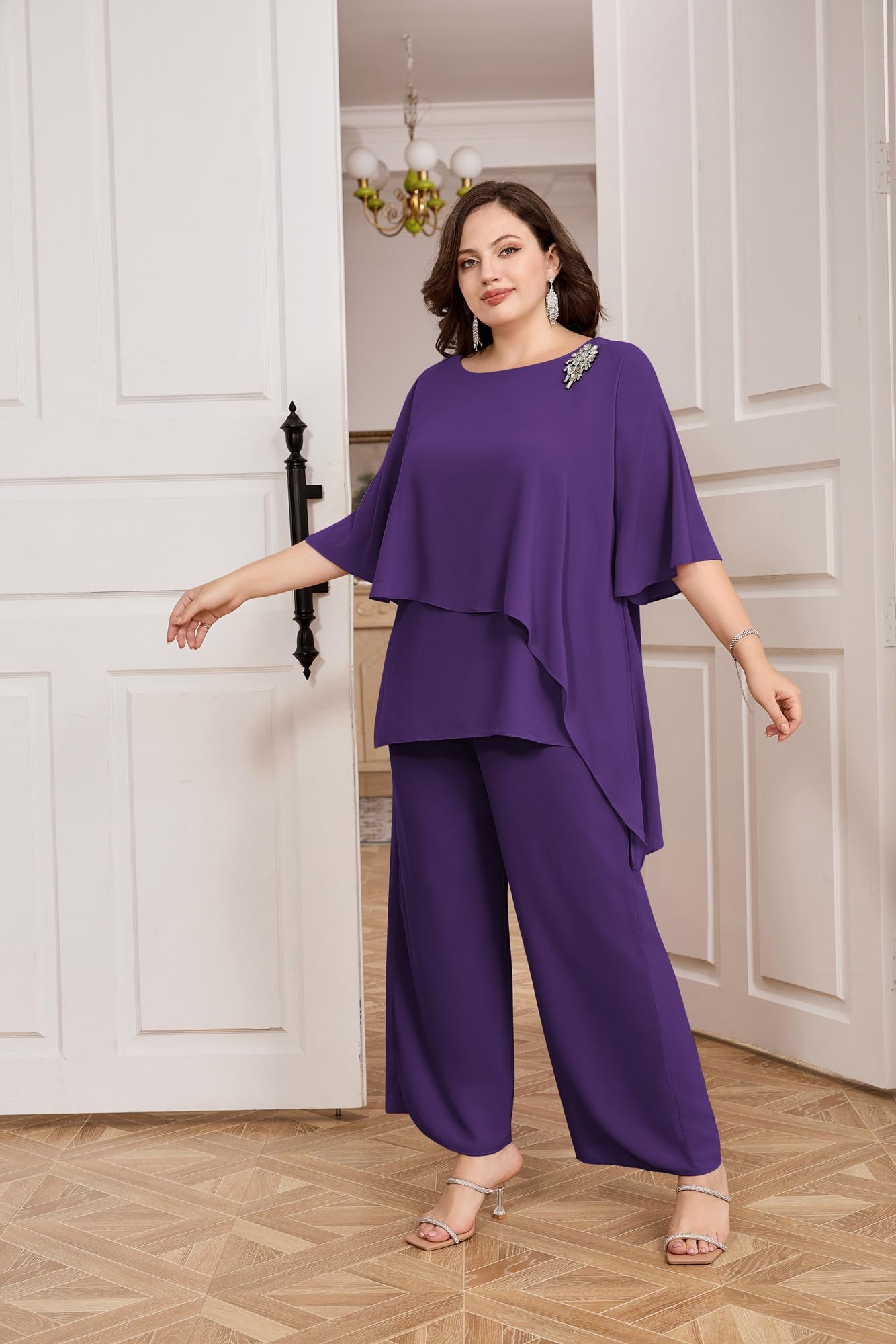 Hanna Nikole Plus Size Mother of Bride Pant Suits - 2 Piece Chiffon Sets with Ruffle Layers for Wedding Guest Outfit | Elegant Formal Wear for Special Occasions & Evening Events