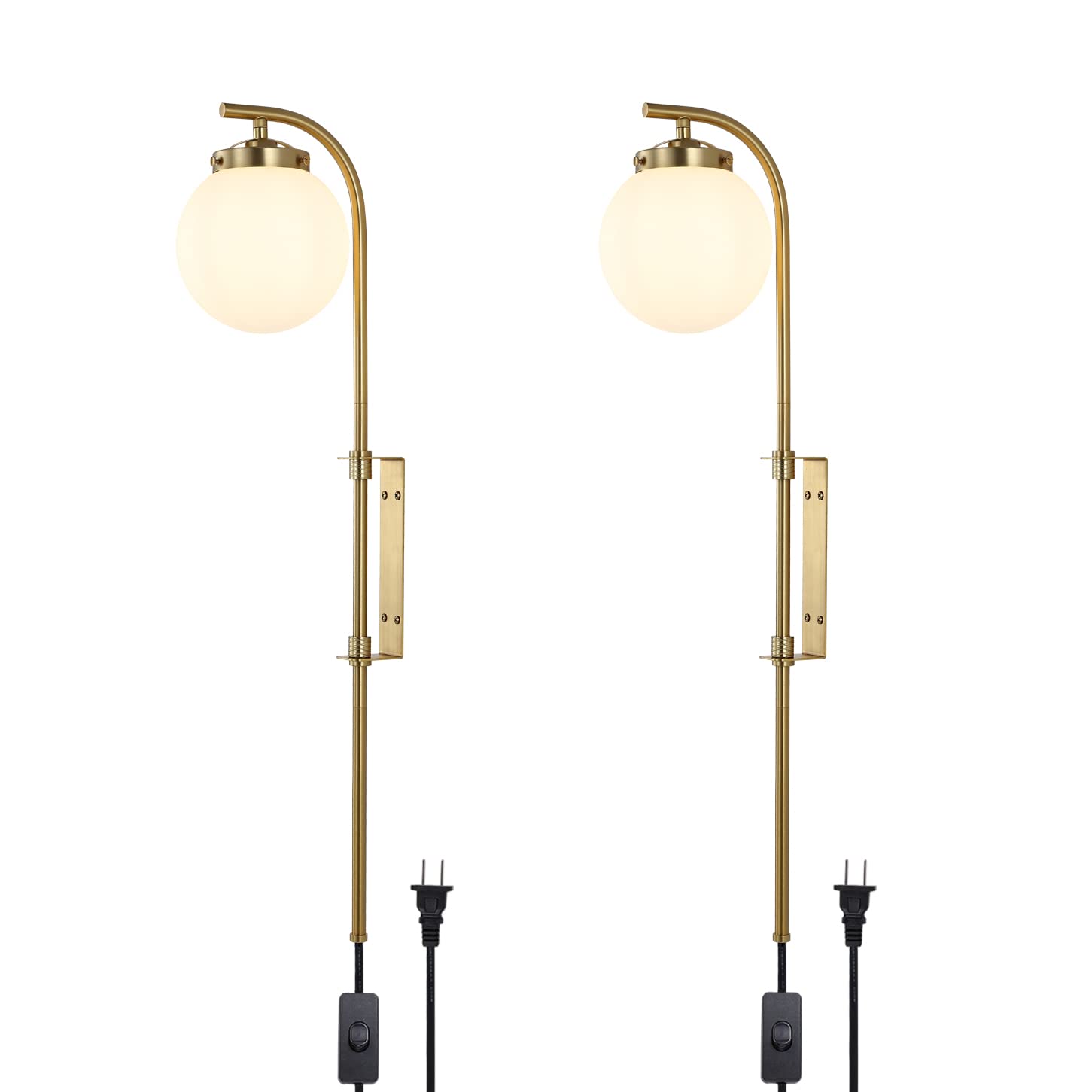 Set of 2 Gold Wall Sconces with Globe Shade - Modern Plug-in Wall Lamps with Switch & Adjustable Angle - Perfect for Bedroom, Living Room, Study, Hallway & Bedside Lighting